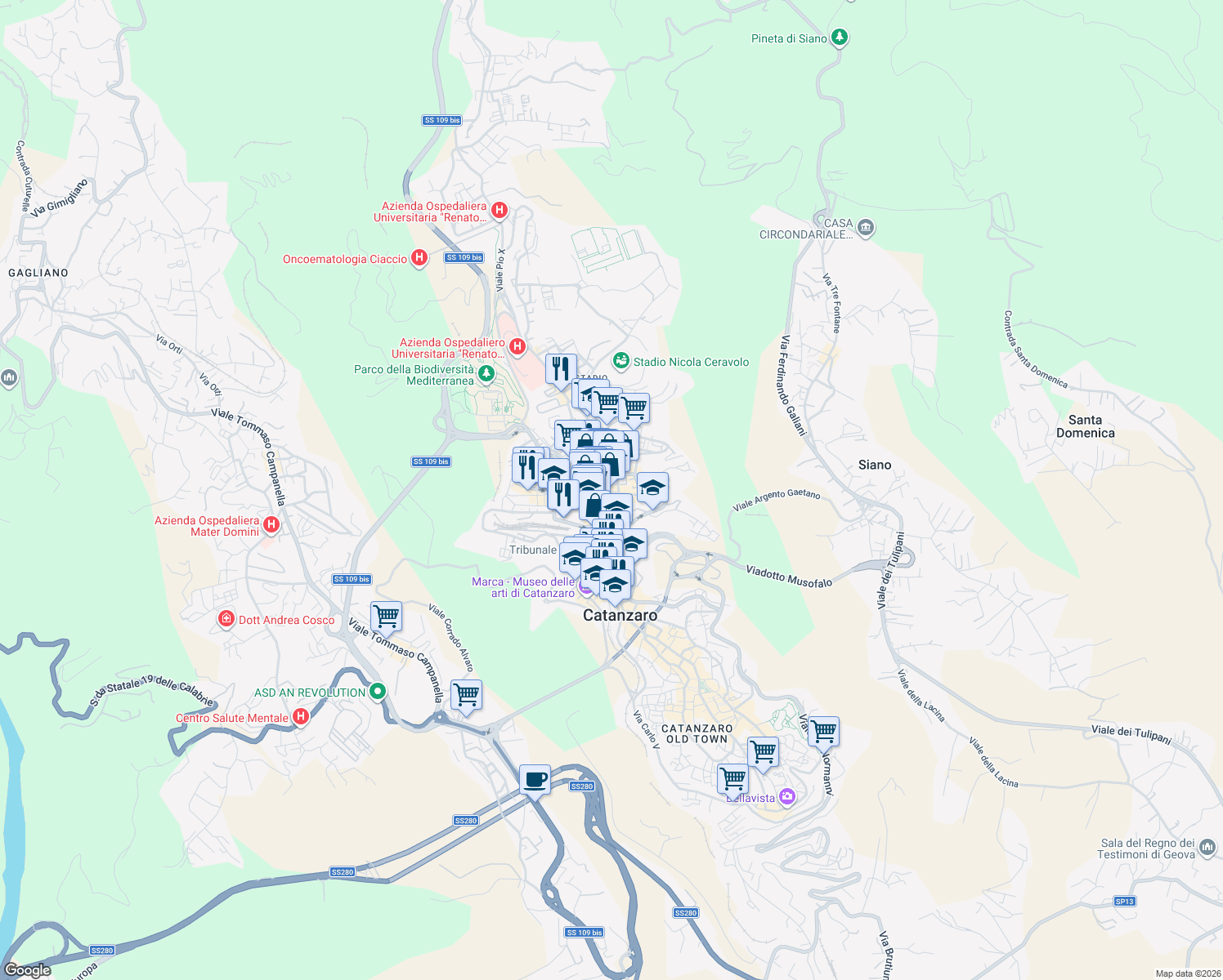 map of restaurants, bars, coffee shops, grocery stores, and more near 45 Via Alcide de Gasperi in Catanzaro