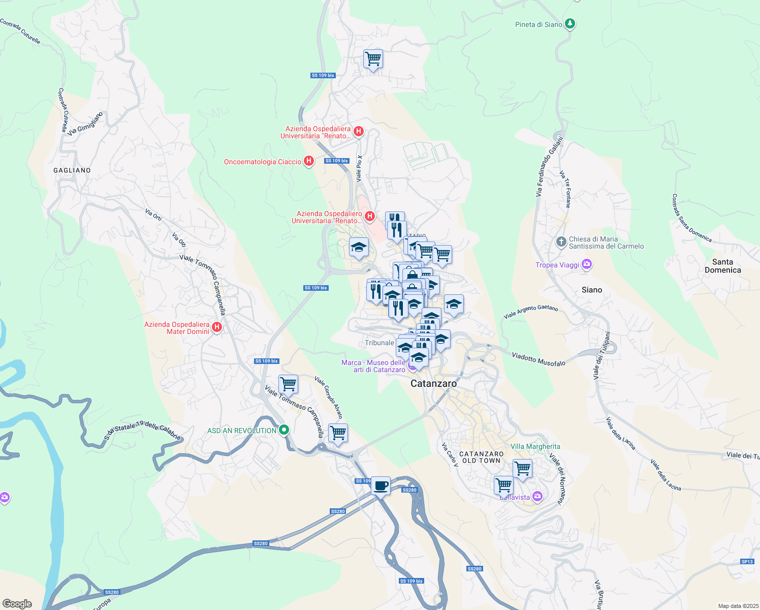 map of restaurants, bars, coffee shops, grocery stores, and more near 7 Via Azaria Tedeschi in Catanzaro