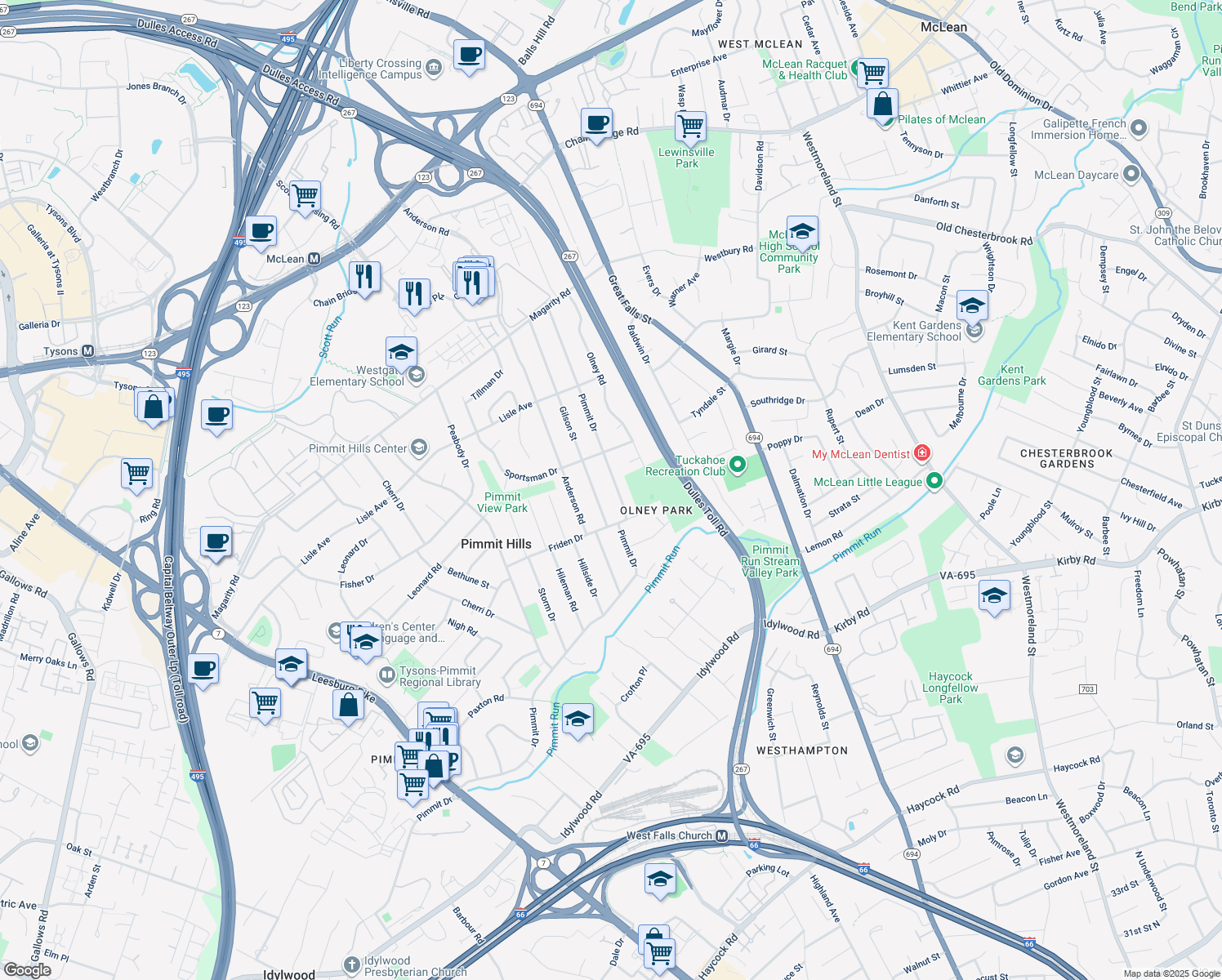 map of restaurants, bars, coffee shops, grocery stores, and more near 1838 Pimmit Drive in Falls Church