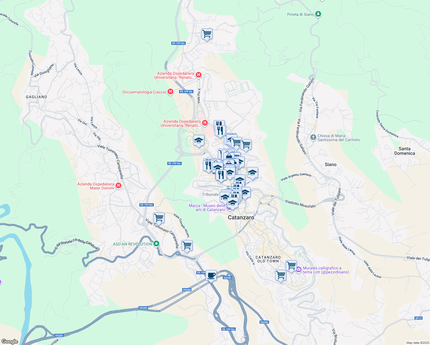map of restaurants, bars, coffee shops, grocery stores, and more near 45 Piazza Montegrappa in Catanzaro