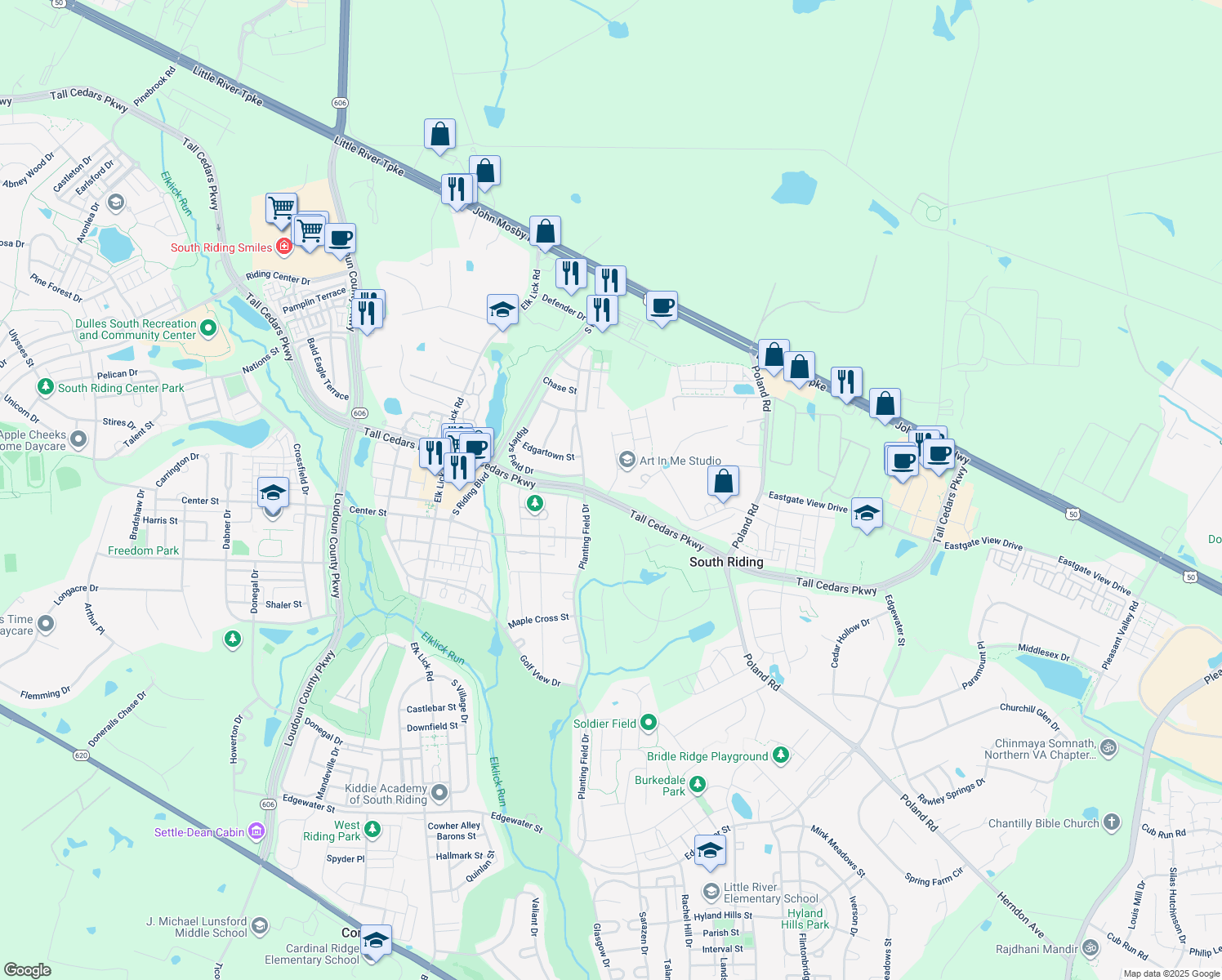 map of restaurants, bars, coffee shops, grocery stores, and more near 25381 Wakestone Park Terrace in Chantilly