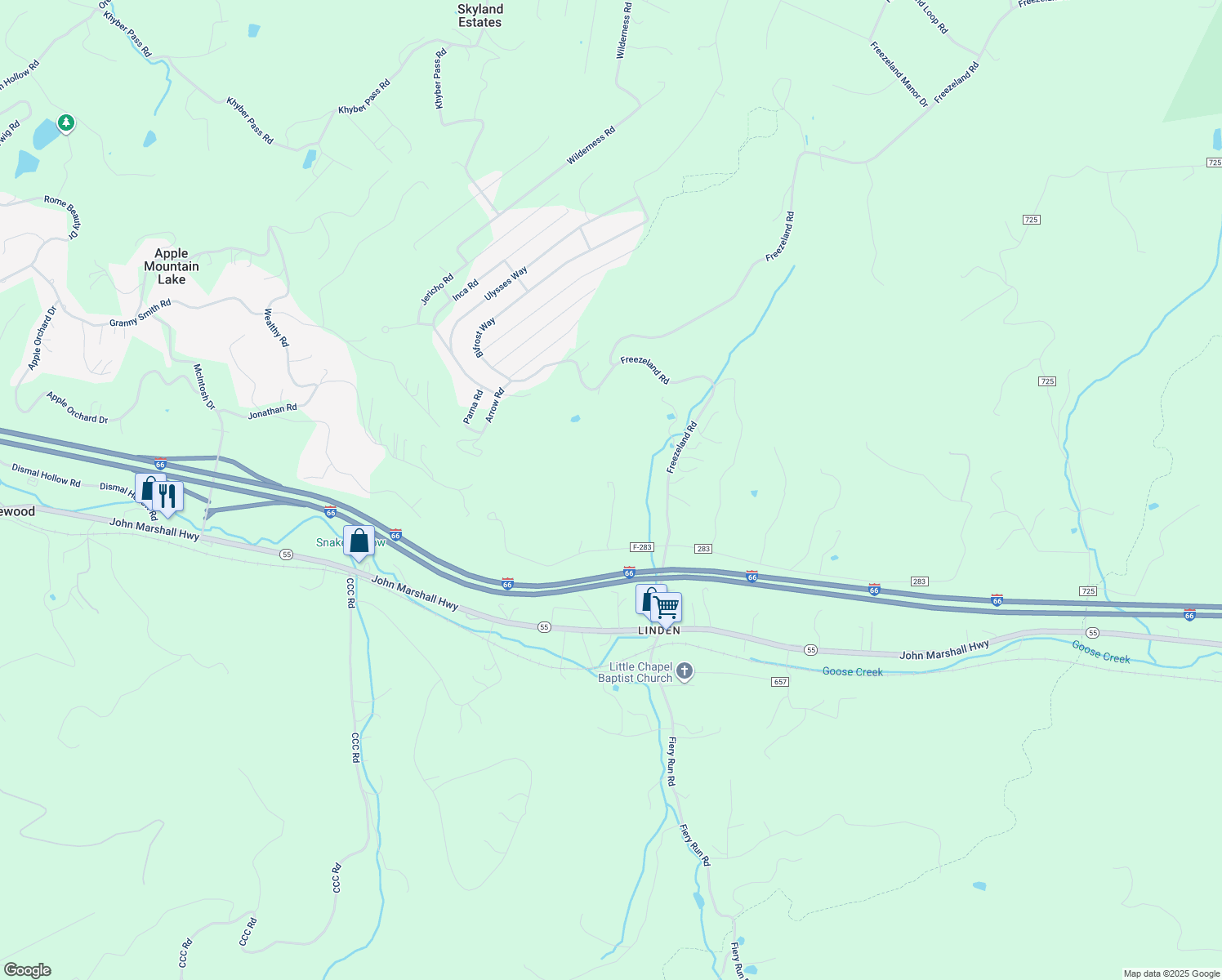 map of restaurants, bars, coffee shops, grocery stores, and more near 172 Appalachian Lane in Linden
