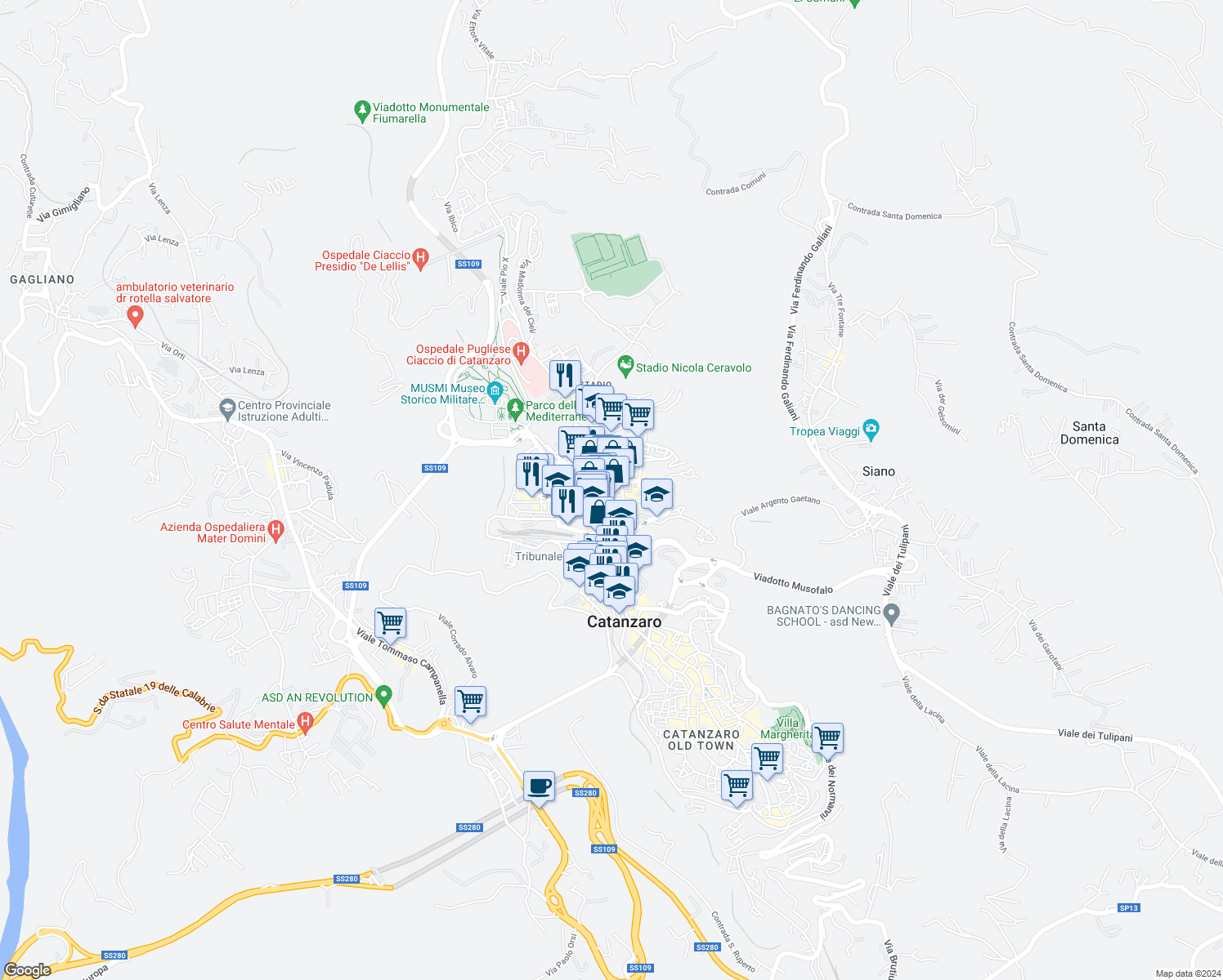 map of restaurants, bars, coffee shops, grocery stores, and more near 45 Via Alcide de Gasperi in Catanzaro