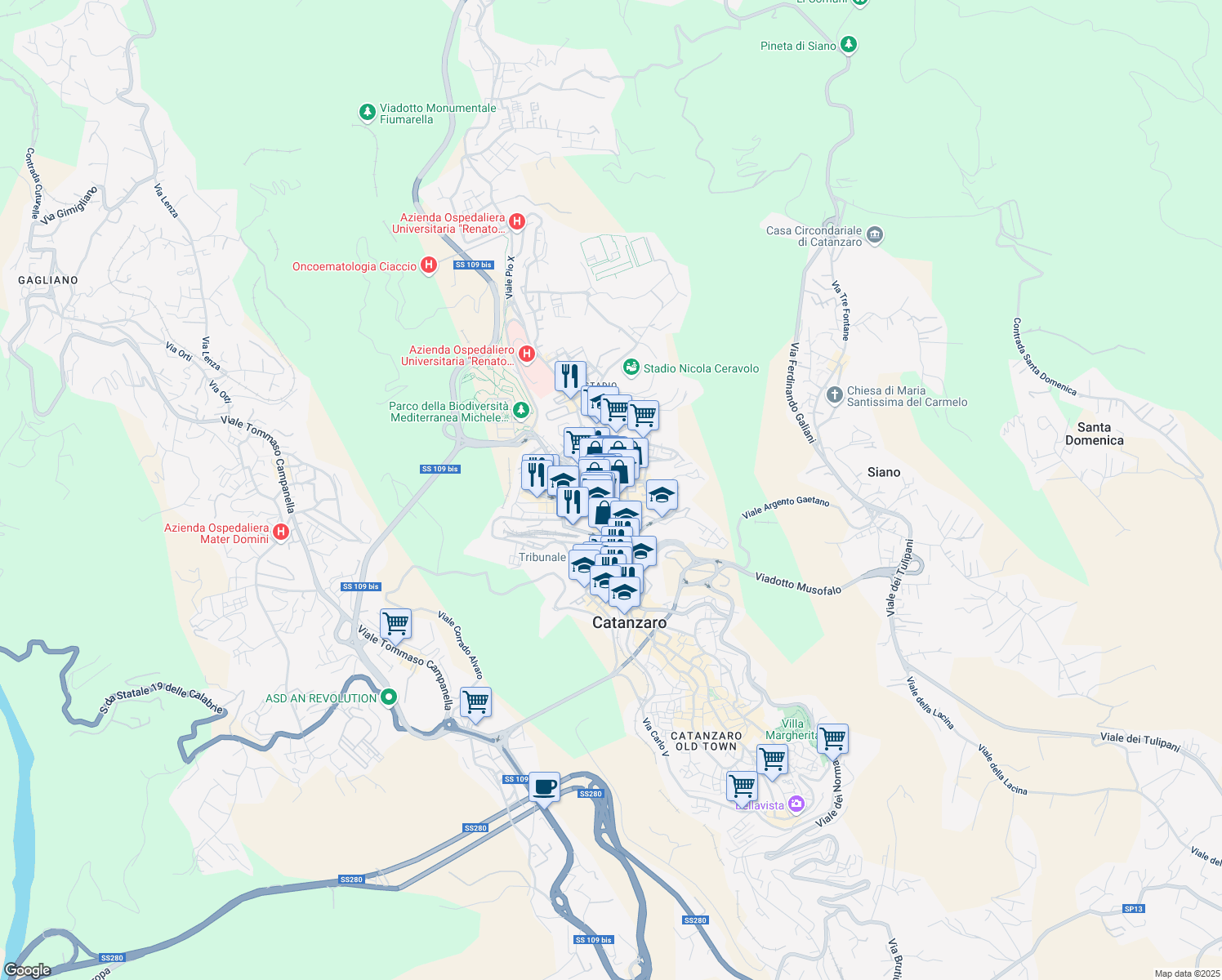 map of restaurants, bars, coffee shops, grocery stores, and more near 45 Via Alcide de Gasperi in Catanzaro