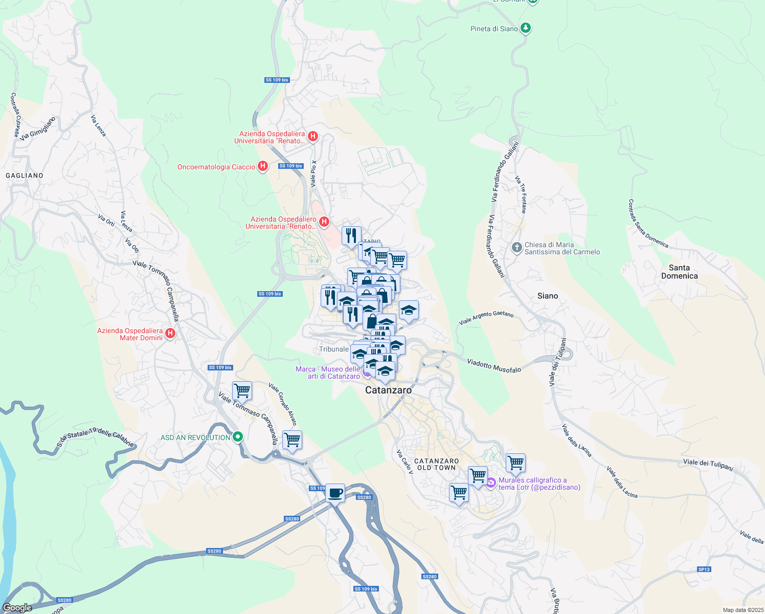 map of restaurants, bars, coffee shops, grocery stores, and more near 45 Via Alcide de Gasperi in Catanzaro