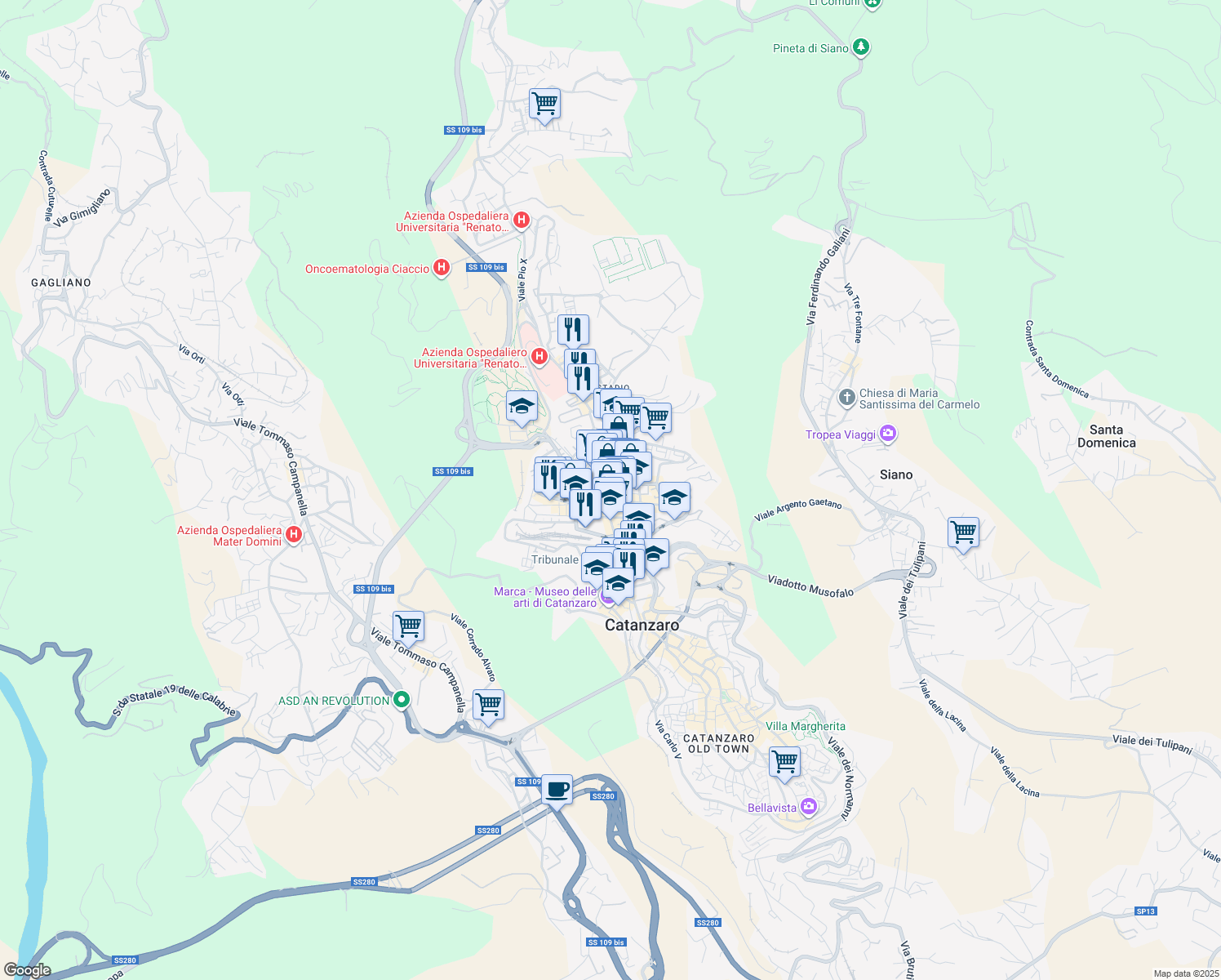 map of restaurants, bars, coffee shops, grocery stores, and more near 26 Via Nunzio Nasi in Catanzaro