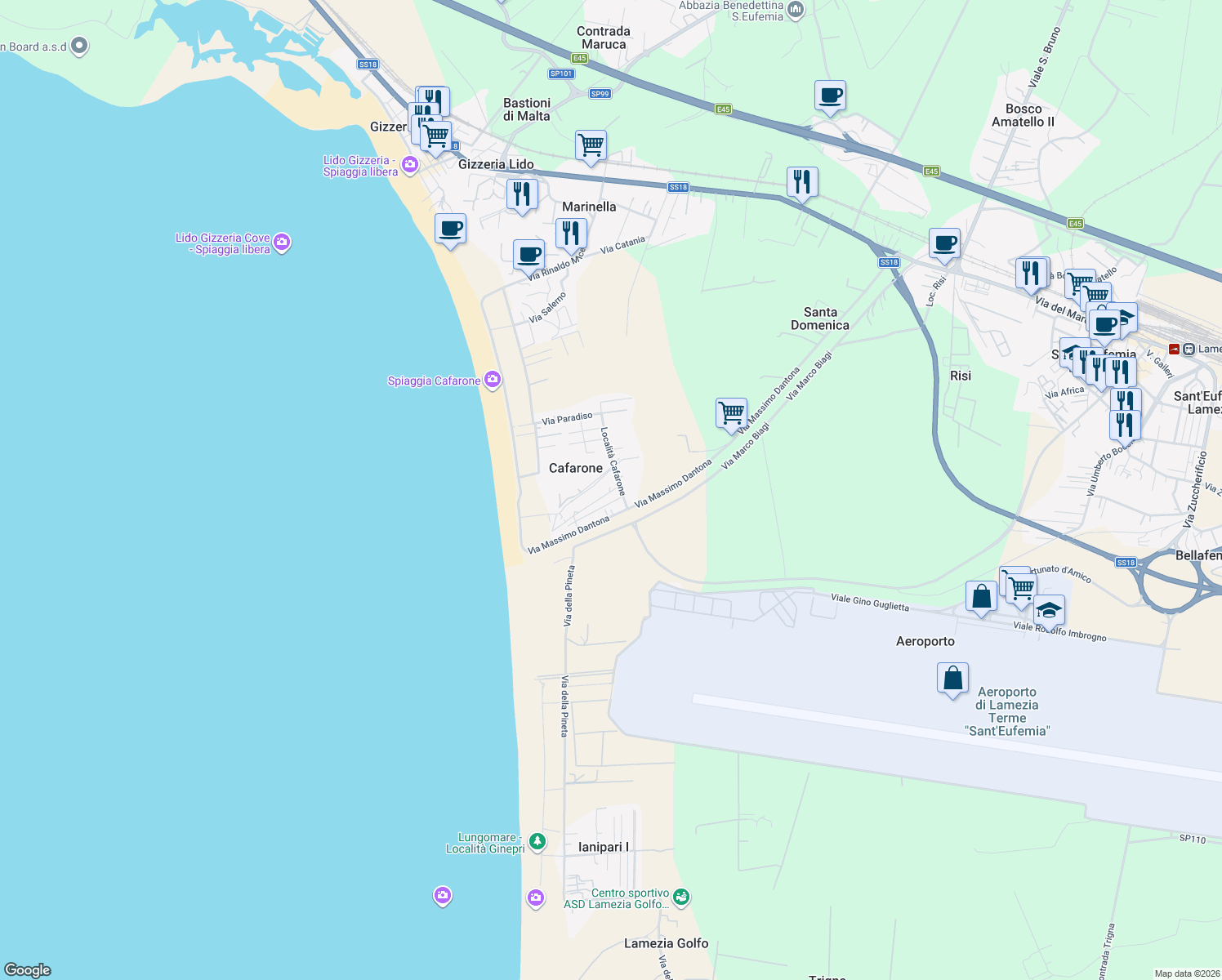 map of restaurants, bars, coffee shops, grocery stores, and more near 45 Località Cafarone in Provincia di Catanzaro