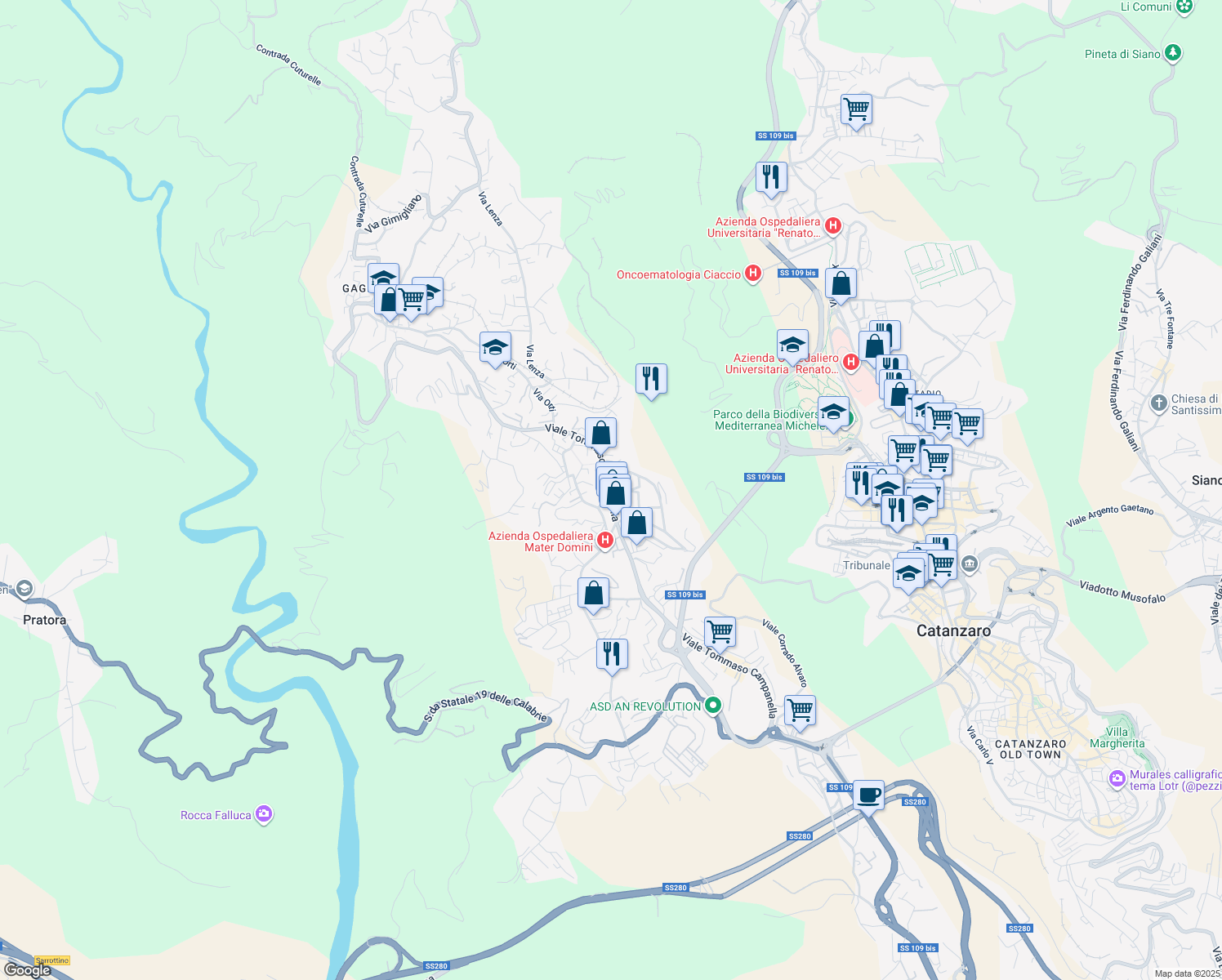map of restaurants, bars, coffee shops, grocery stores, and more near Via Lorenzo Cardone in Catanzaro