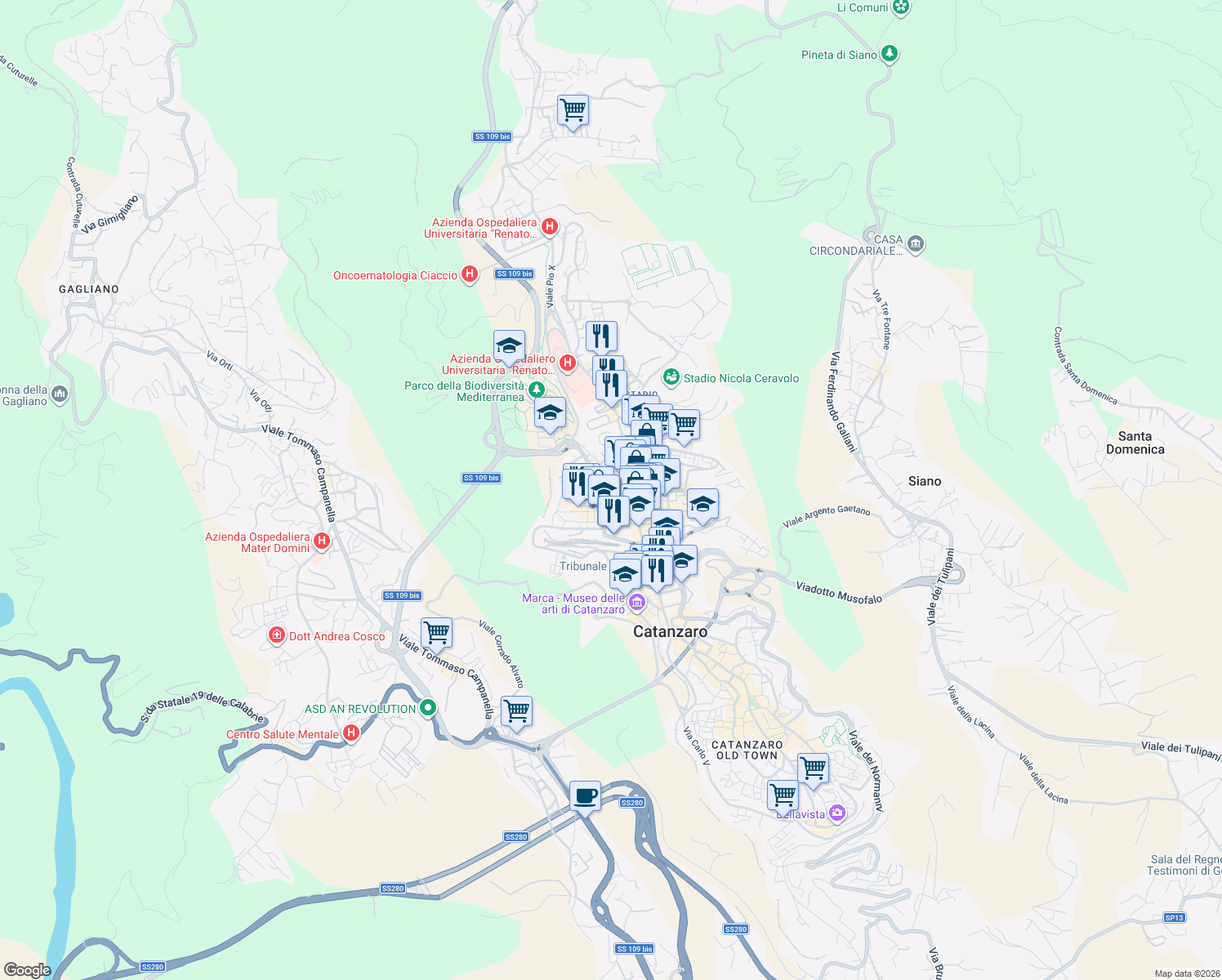 map of restaurants, bars, coffee shops, grocery stores, and more near Traversa Antonino Panella in Catanzaro