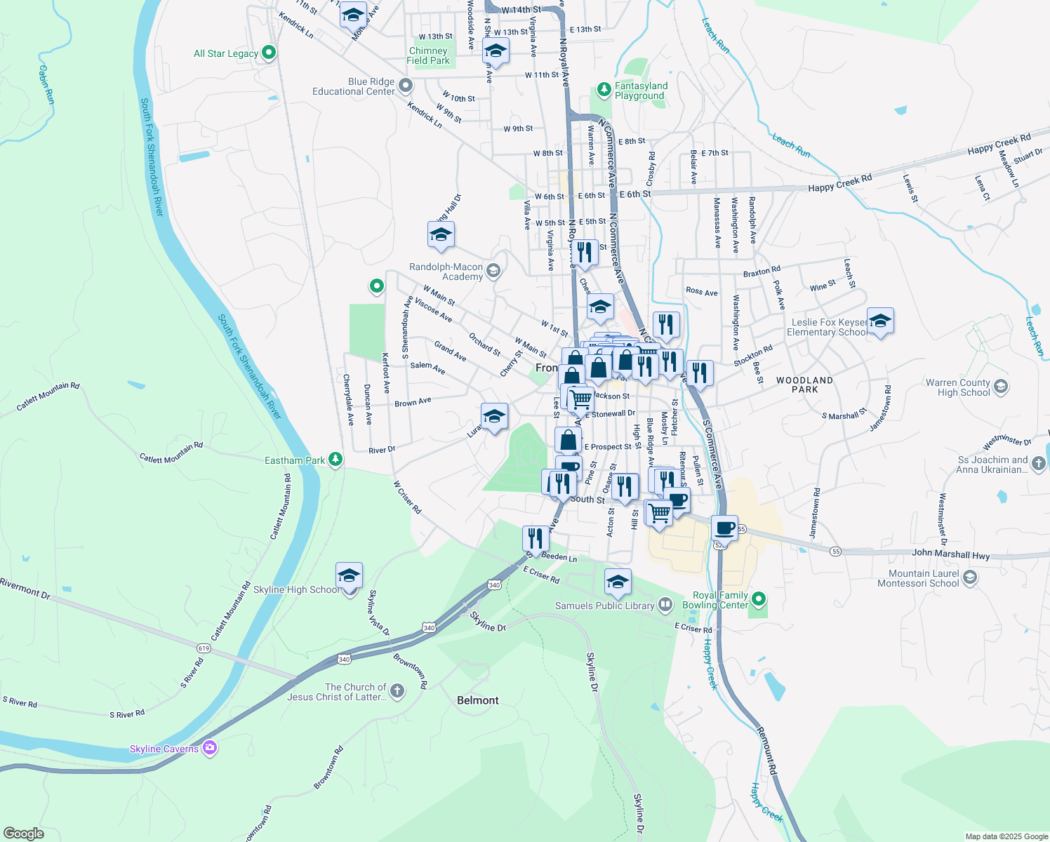 map of restaurants, bars, coffee shops, grocery stores, and more near 134 West Stonewall Drive in Front Royal
