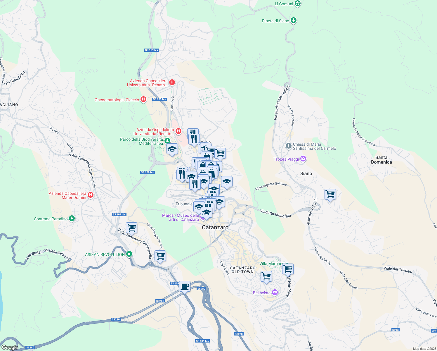 map of restaurants, bars, coffee shops, grocery stores, and more near 17 Via Luigi Pascali in Catanzaro
