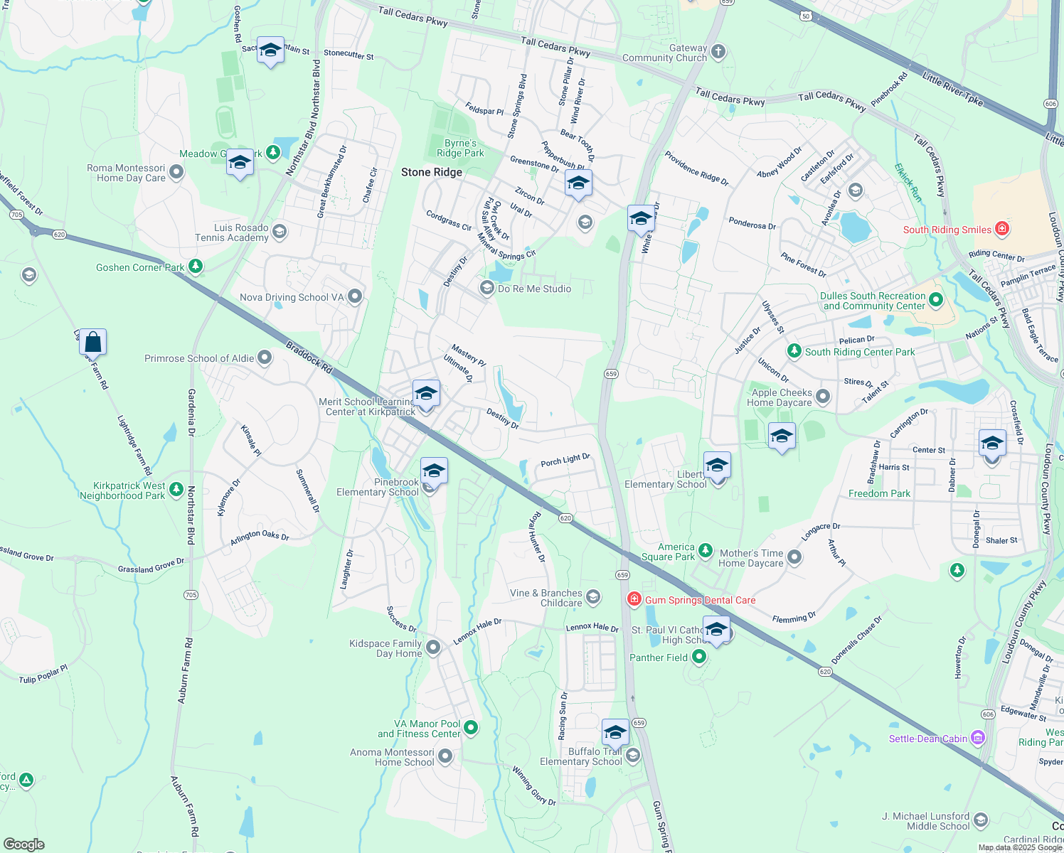 map of restaurants, bars, coffee shops, grocery stores, and more near 25343 Diligence Court in Aldie