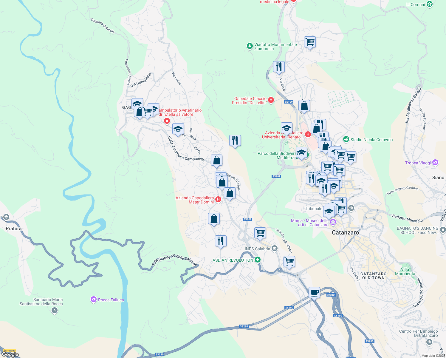 map of restaurants, bars, coffee shops, grocery stores, and more near Via Lorenzo Cardone in Catanzaro