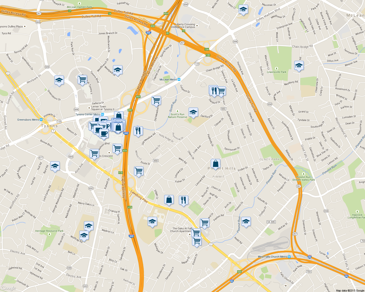 map of restaurants, bars, coffee shops, grocery stores, and more near 1834 Cherri Drive in Falls Church