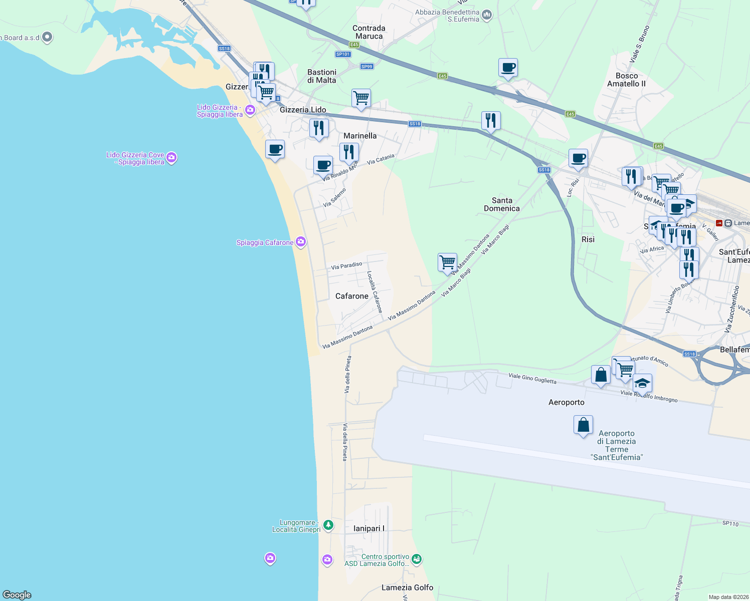 map of restaurants, bars, coffee shops, grocery stores, and more near 45 Località Cafarone in Provincia di Catanzaro