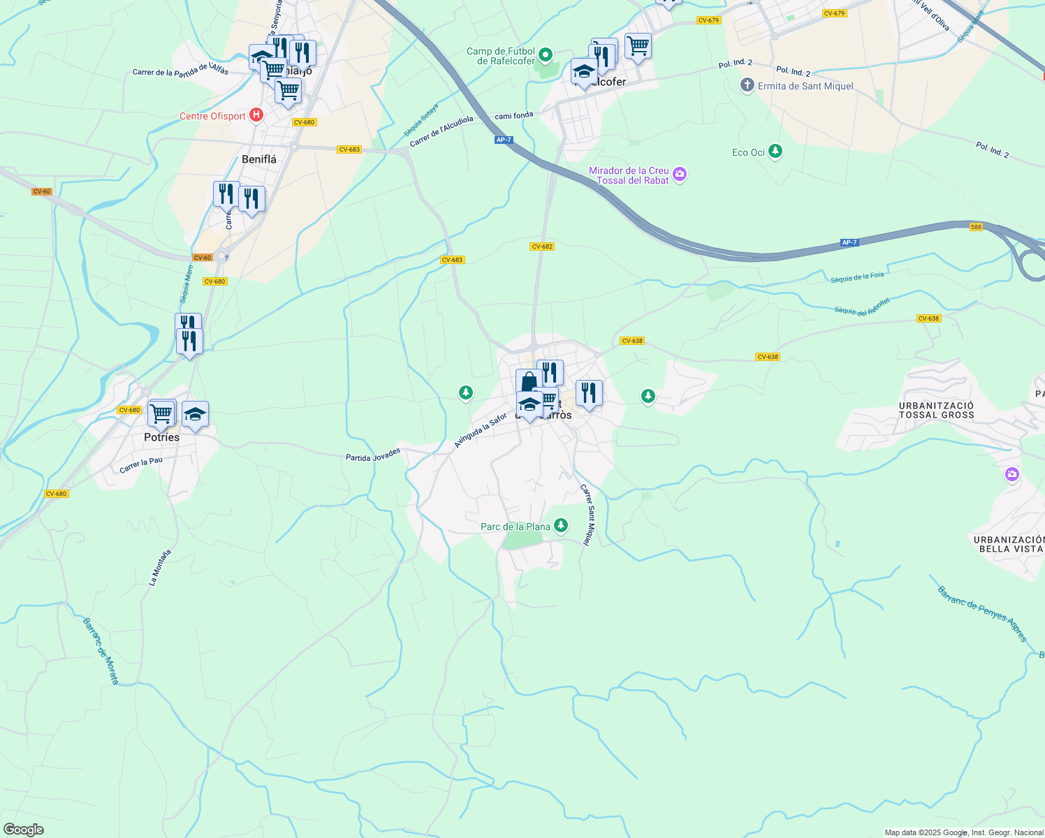 map of restaurants, bars, coffee shops, grocery stores, and more near 8 Carrer la Pau in La Font d'en Carròs