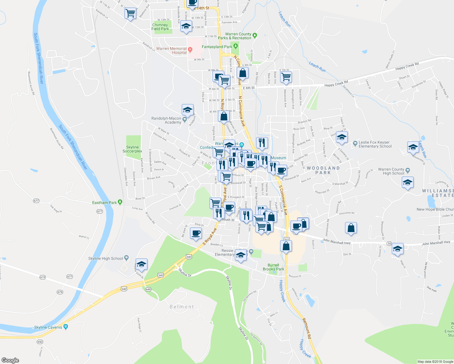 map of restaurants, bars, coffee shops, grocery stores, and more near 126 South Royal Avenue in Front Royal