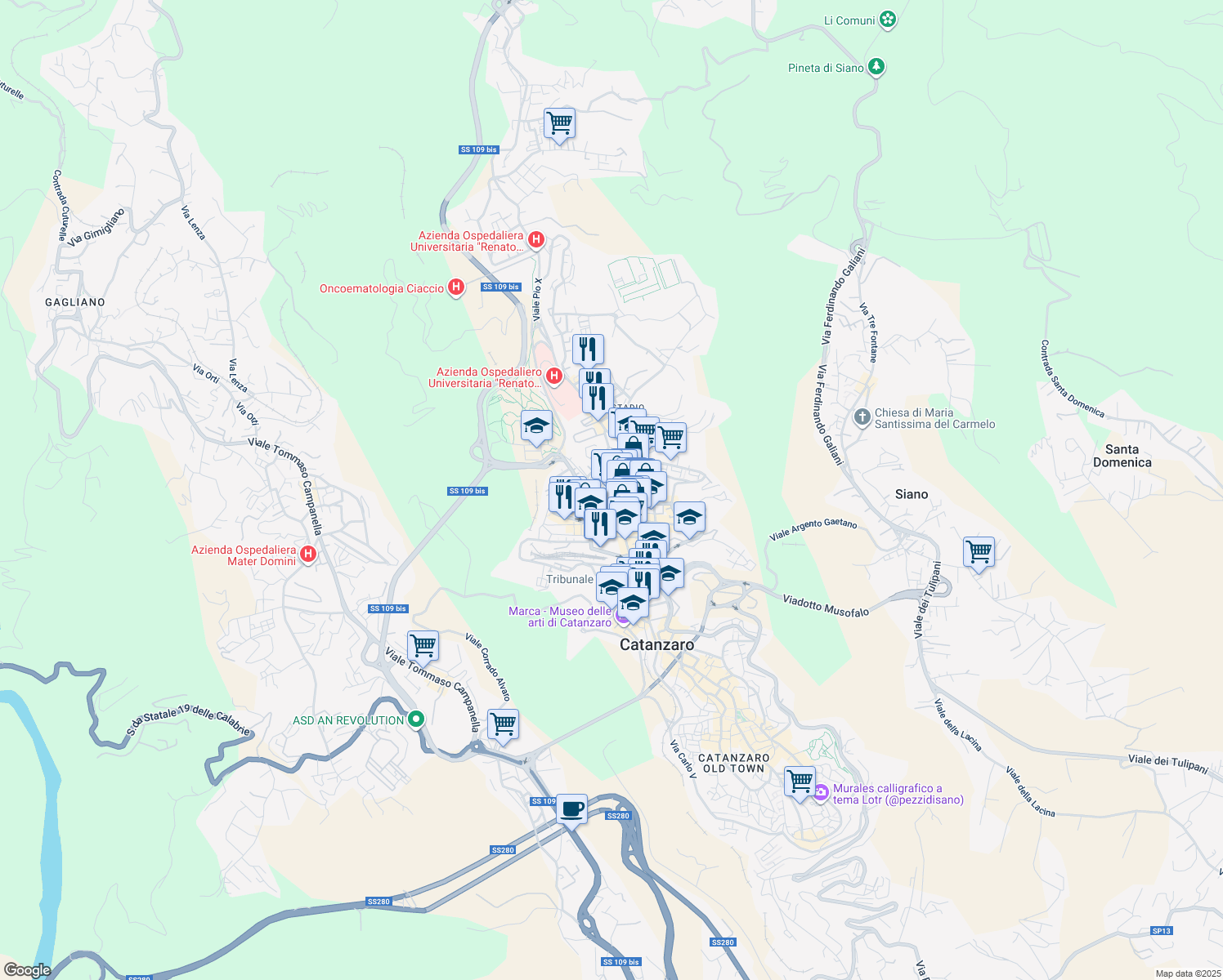 map of restaurants, bars, coffee shops, grocery stores, and more near 26 Via Nunzio Nasi in Catanzaro