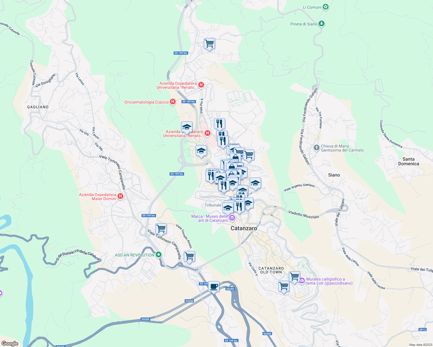 map of restaurants, bars, coffee shops, grocery stores, and more near Traversa Antonino Panella in Catanzaro