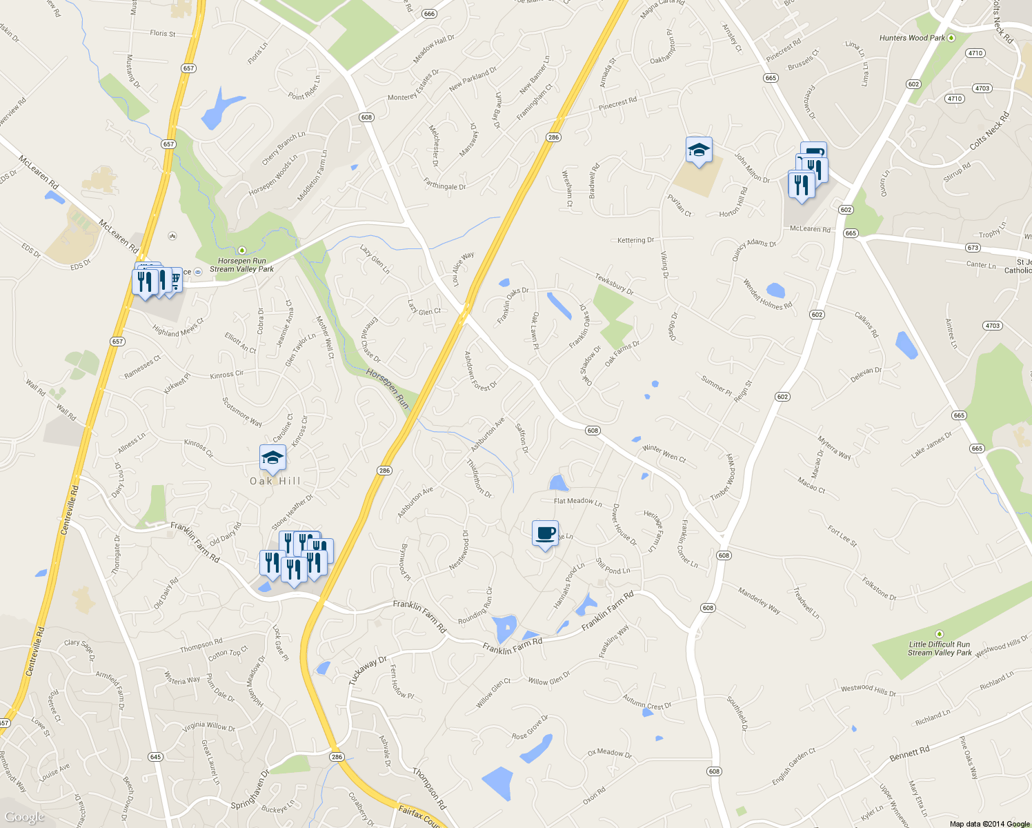 map of restaurants, bars, coffee shops, grocery stores, and more near 12906 Tarragon Court in Herndon