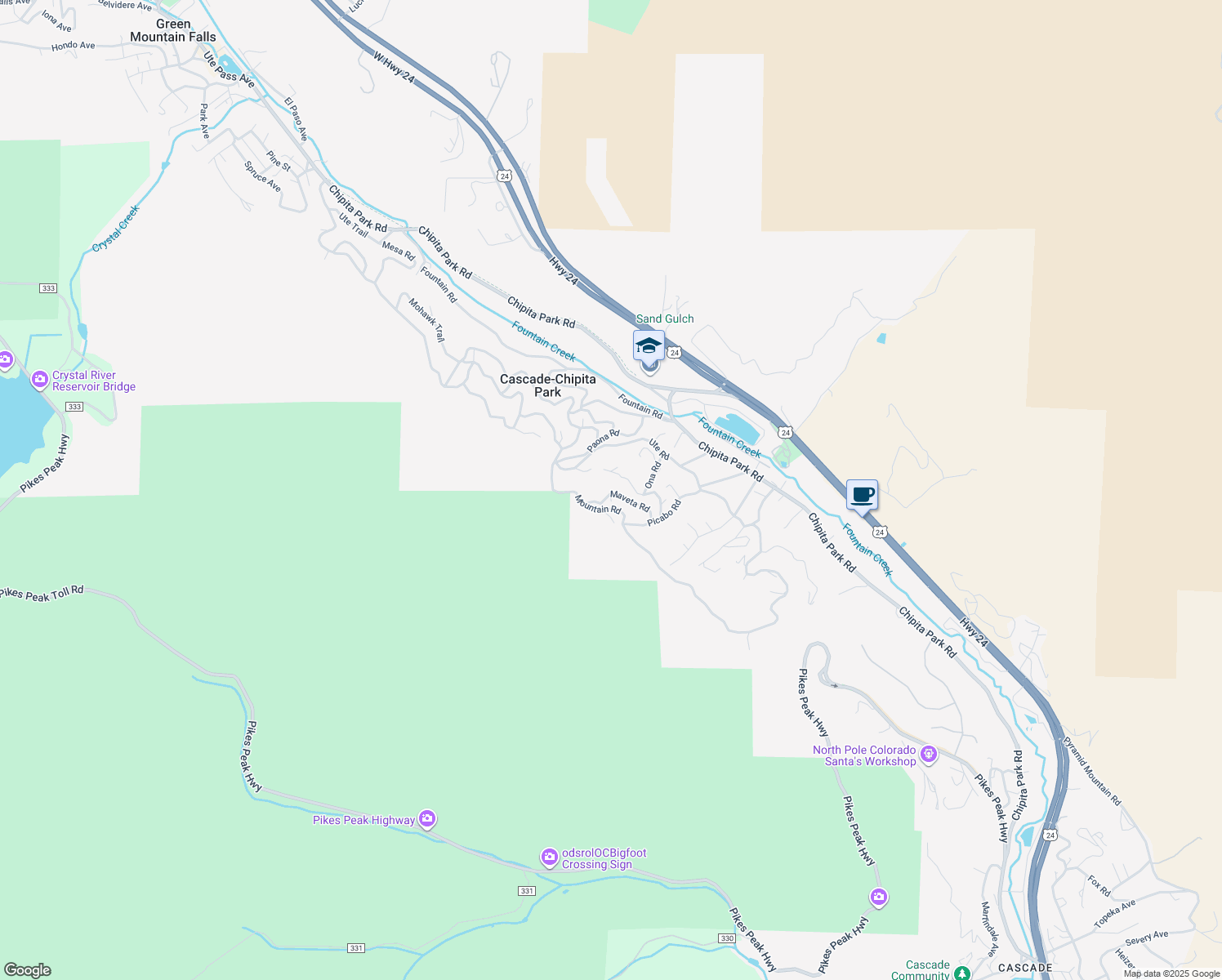 map of restaurants, bars, coffee shops, grocery stores, and more near 9370 Maveta Road in Cascade-Chipita Park