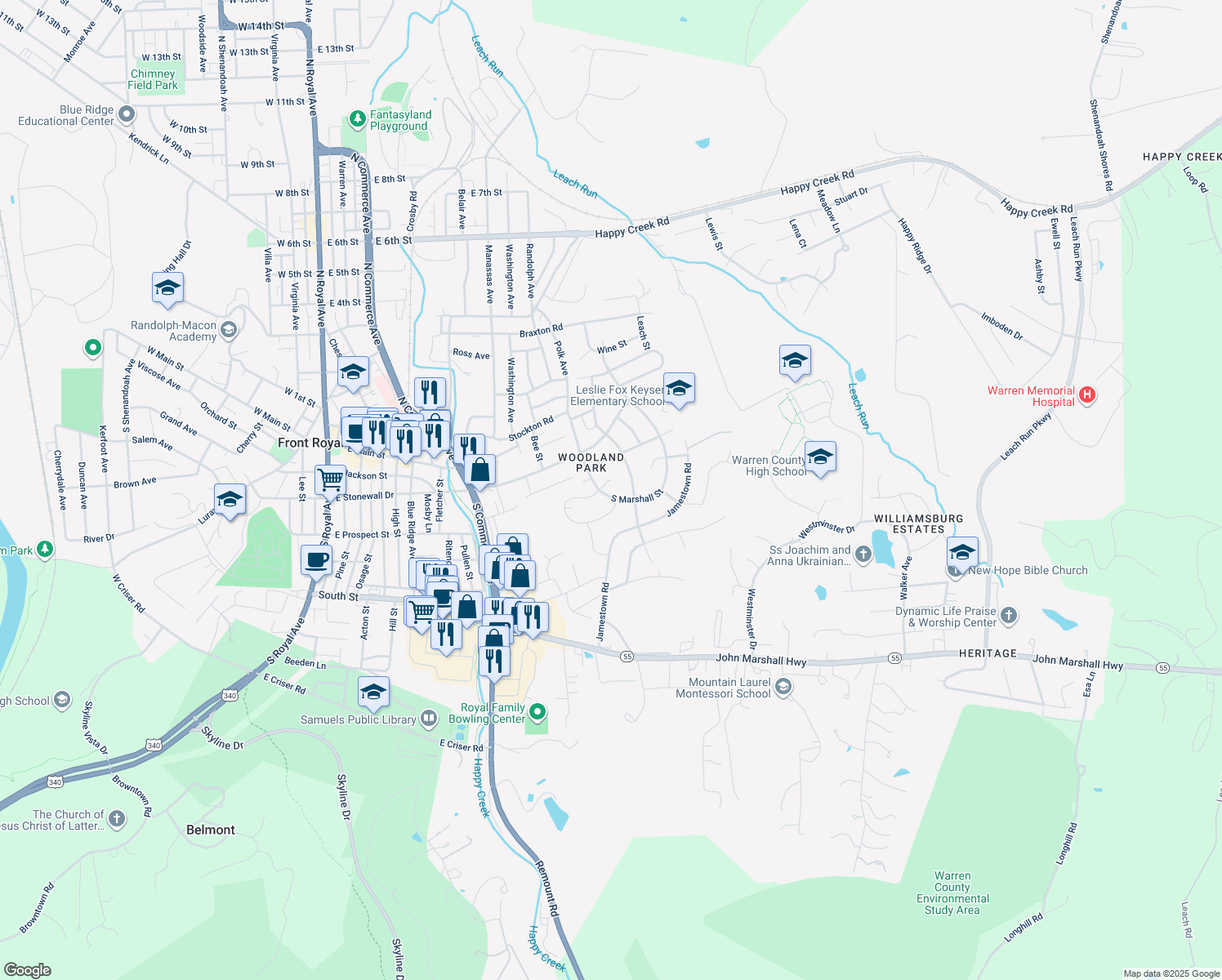 map of restaurants, bars, coffee shops, grocery stores, and more near 54 South Marshall Street in Front Royal