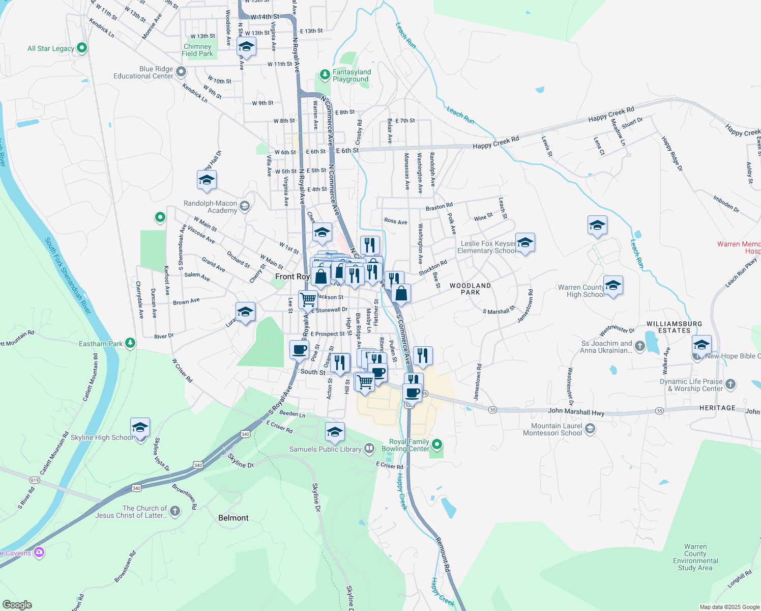 map of restaurants, bars, coffee shops, grocery stores, and more near 602 East Stonewall Drive in Front Royal