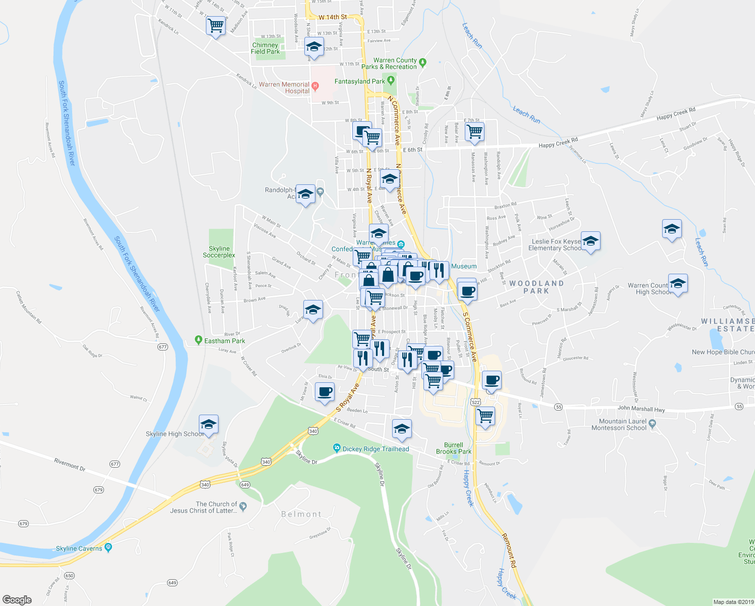 map of restaurants, bars, coffee shops, grocery stores, and more near 116 South Royal Avenue in Front Royal