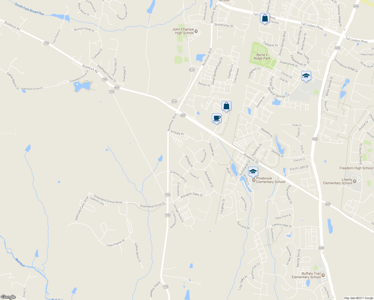 map of restaurants, bars, coffee shops, grocery stores, and more near 41527 Bostonian Place in Aldie
