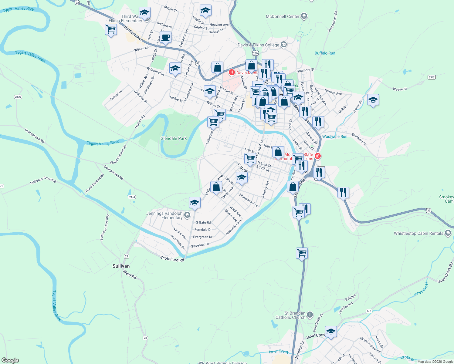map of restaurants, bars, coffee shops, grocery stores, and more near 1525 Lavalette Avenue in Elkins