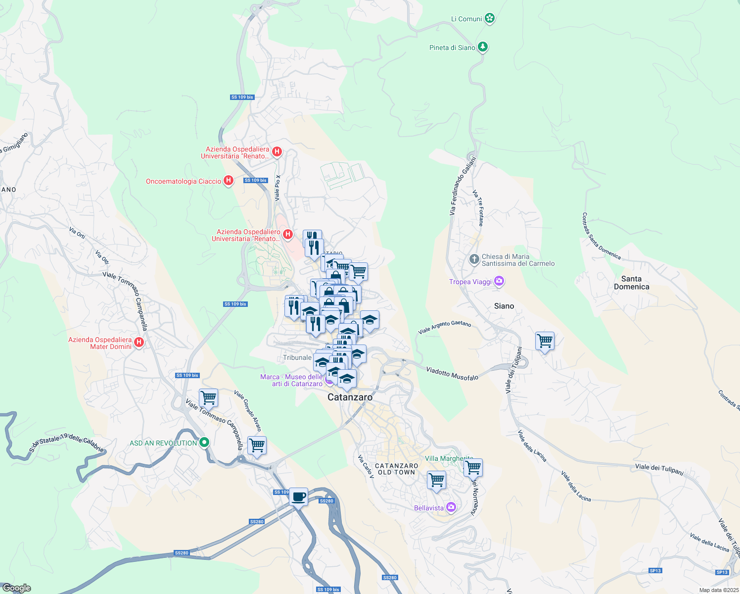 map of restaurants, bars, coffee shops, grocery stores, and more near 17 Via Luigi Pascali in Catanzaro
