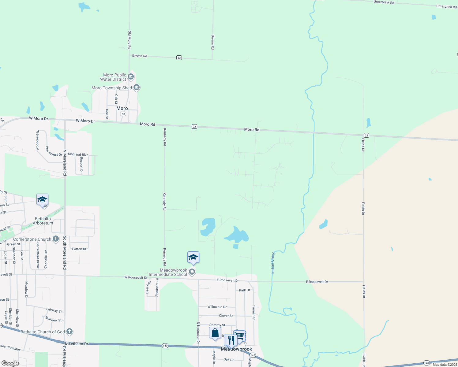 map of restaurants, bars, coffee shops, grocery stores, and more near 14 Fawn Valley Drive in Moro