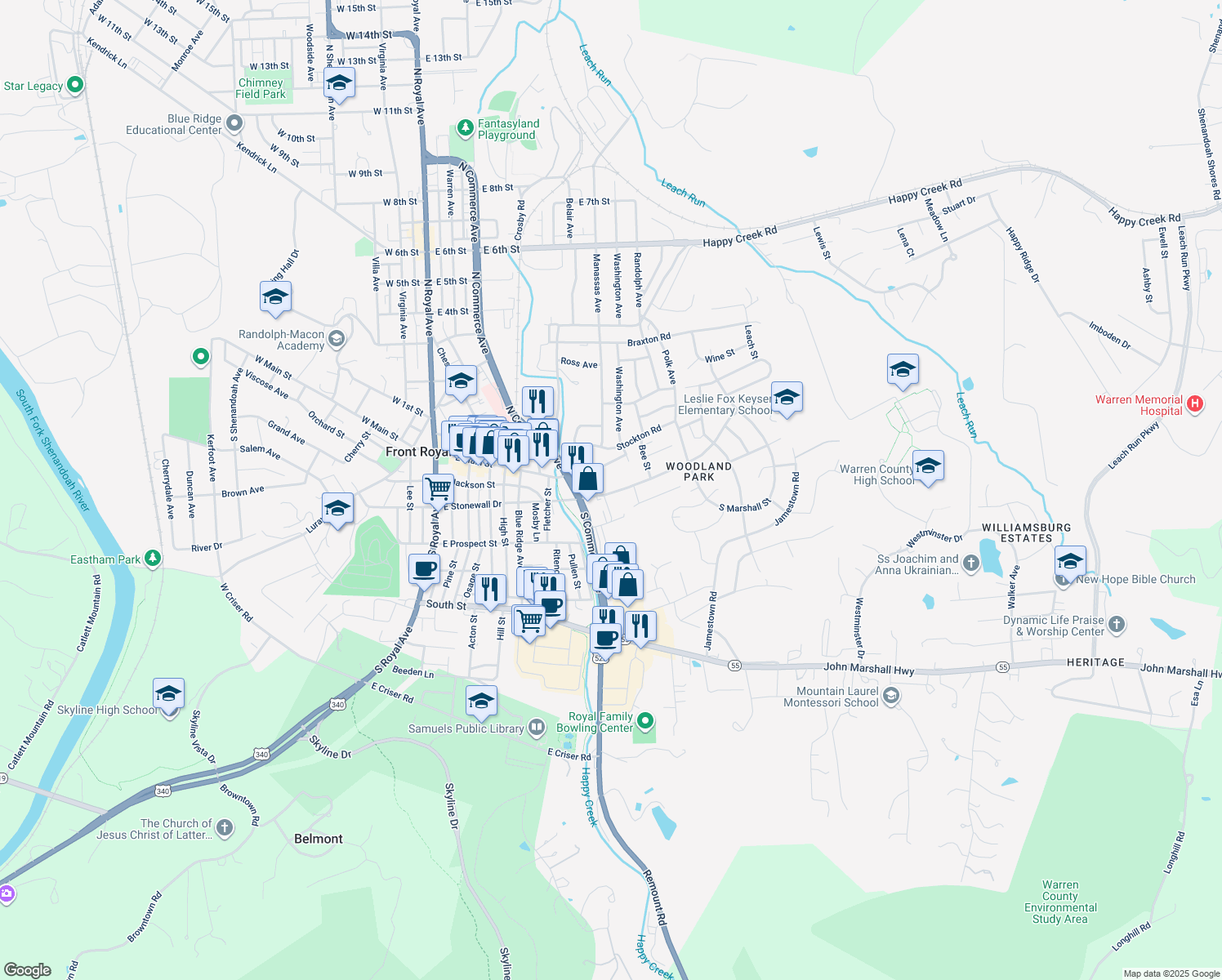 map of restaurants, bars, coffee shops, grocery stores, and more near 101 Thehill in Front Royal