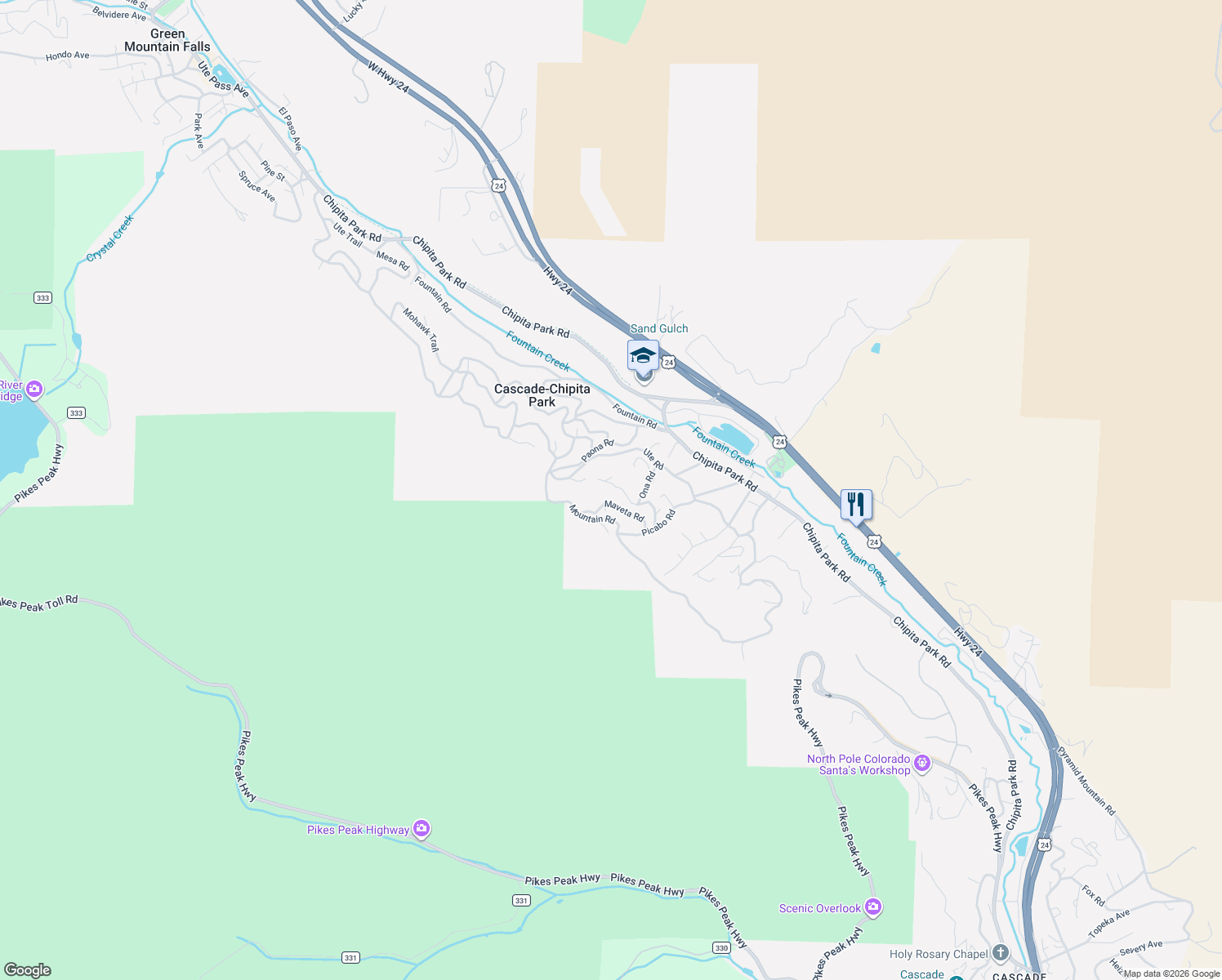 map of restaurants, bars, coffee shops, grocery stores, and more near 9355 Shoshone Road in Cascade-Chipita Park