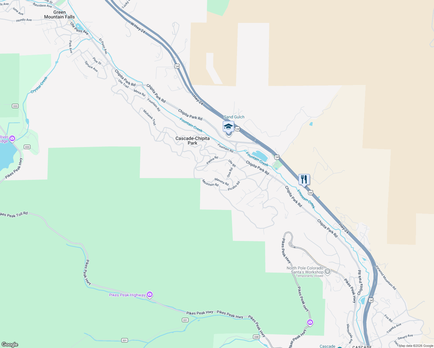 map of restaurants, bars, coffee shops, grocery stores, and more near 9370 Maveta Road in Cascade-Chipita Park