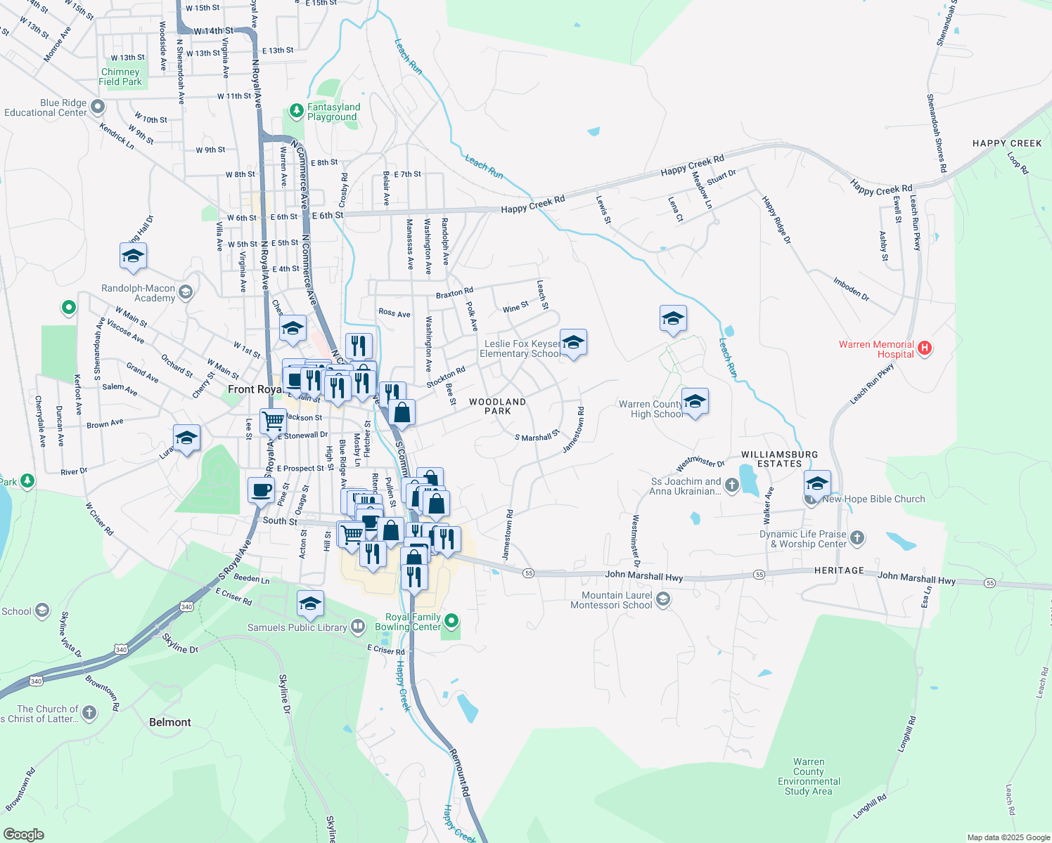 map of restaurants, bars, coffee shops, grocery stores, and more near 59 South Charles Street in Front Royal