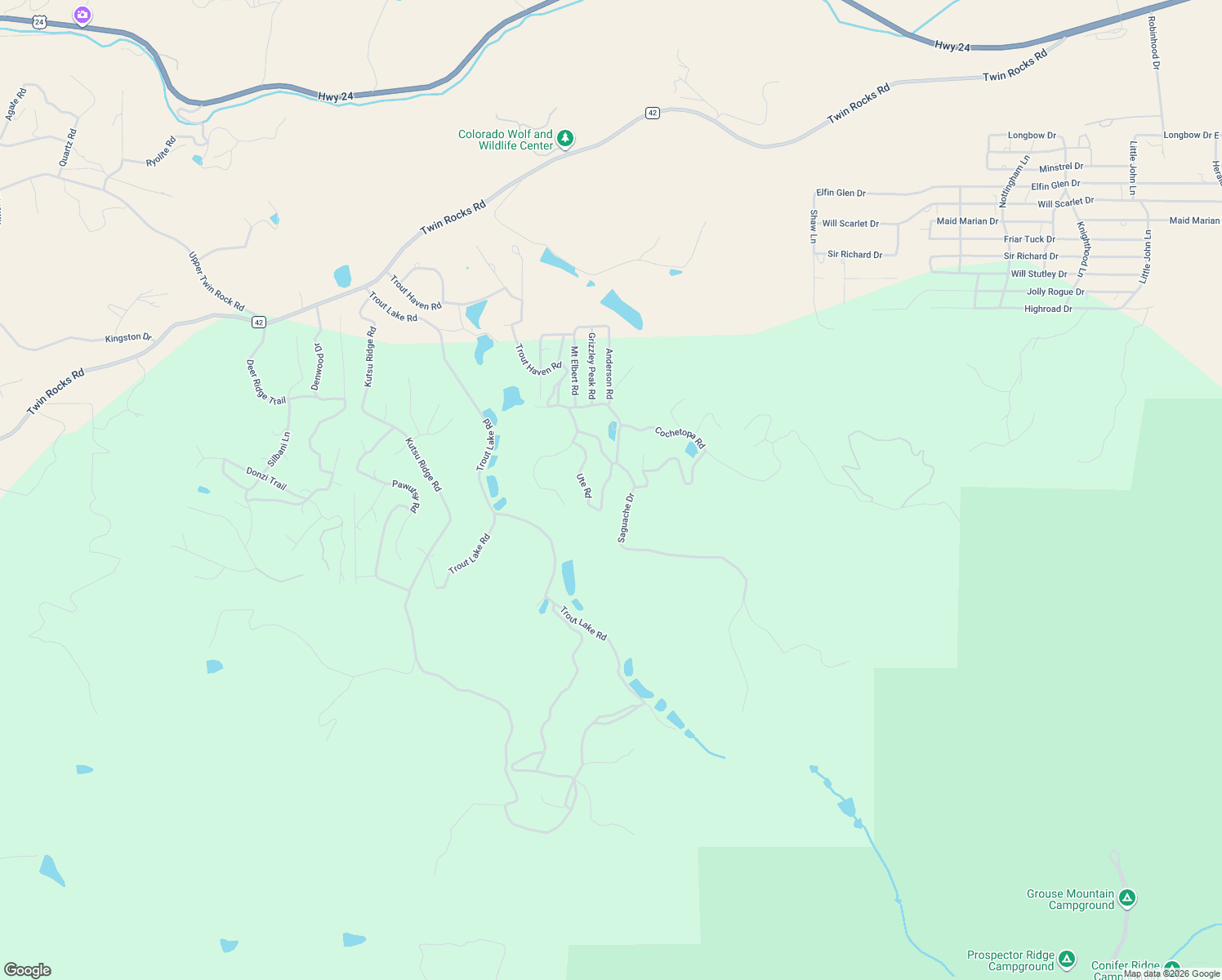 map of restaurants, bars, coffee shops, grocery stores, and more near 26 Ute Trail in Florissant