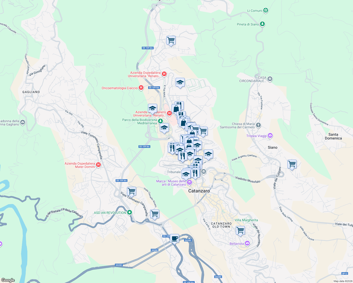 map of restaurants, bars, coffee shops, grocery stores, and more near 1 Via Cortese Vinicio in Catanzaro