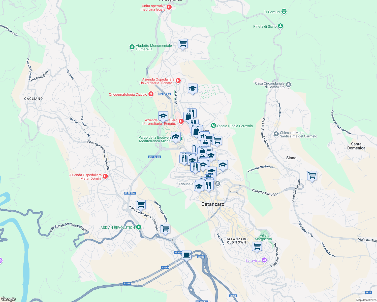 map of restaurants, bars, coffee shops, grocery stores, and more near 1 Via Cortese Vinicio in Catanzaro