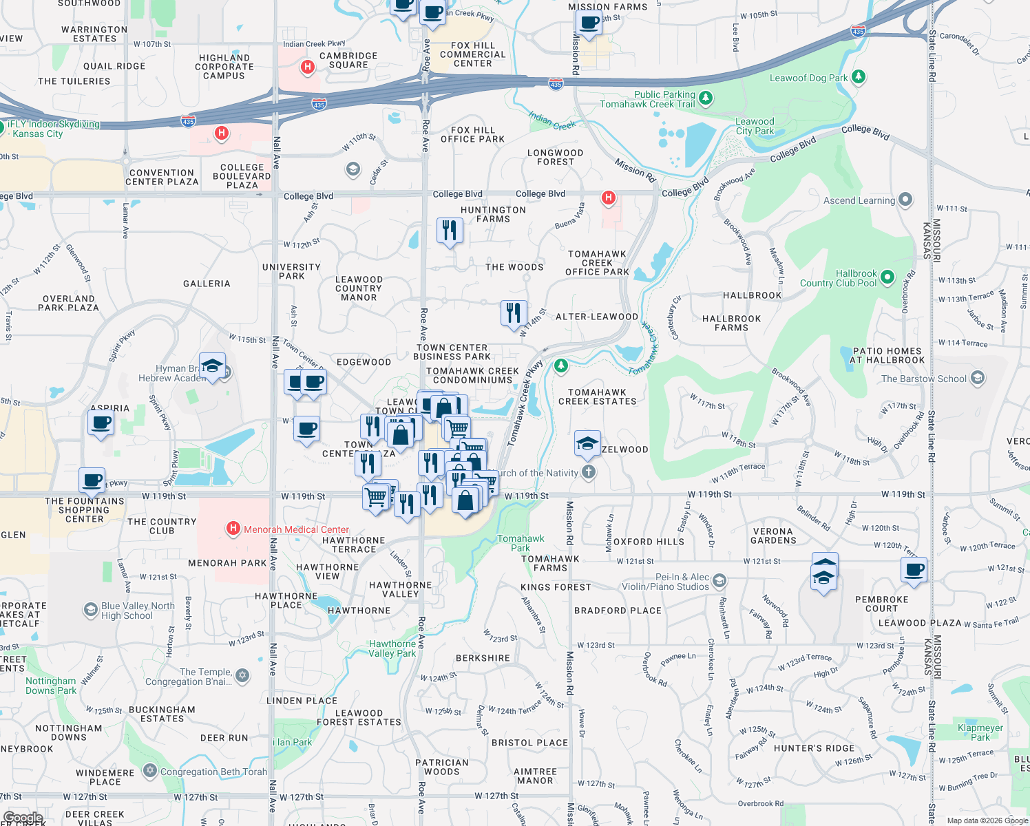 map of restaurants, bars, coffee shops, grocery stores, and more near 11612 Tomahawk Creek Parkway in Leawood