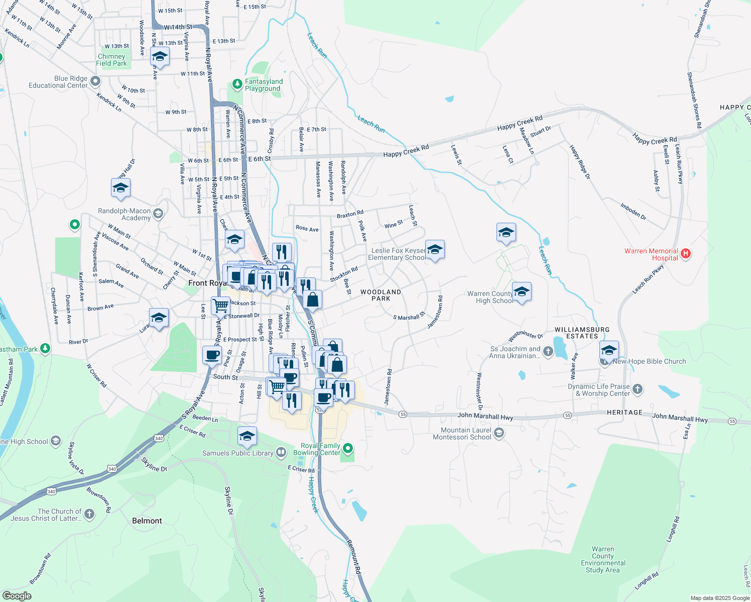 map of restaurants, bars, coffee shops, grocery stores, and more near 19 South Marshall Street in Front Royal