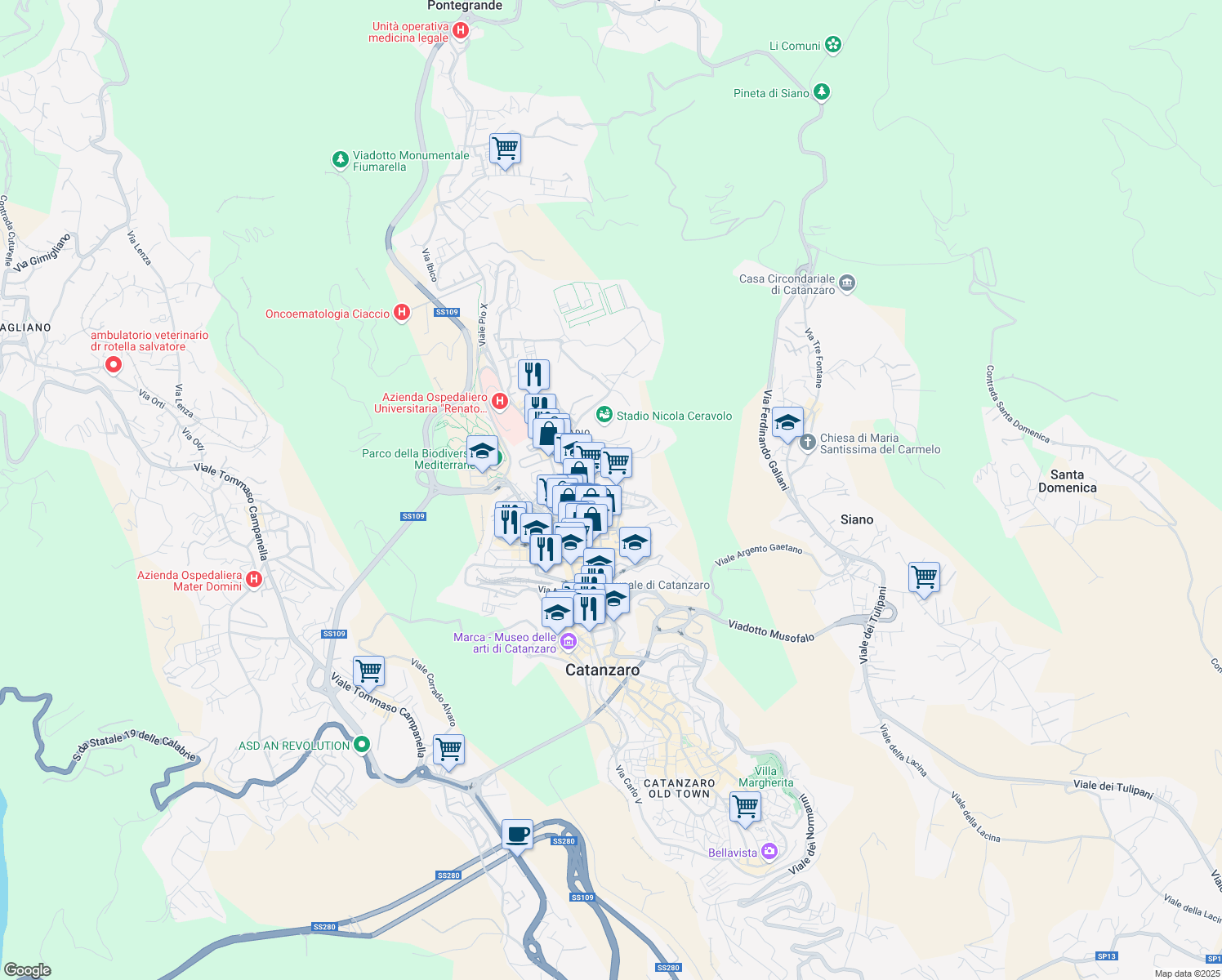 map of restaurants, bars, coffee shops, grocery stores, and more near Via Fratelli Plutino in Catanzaro