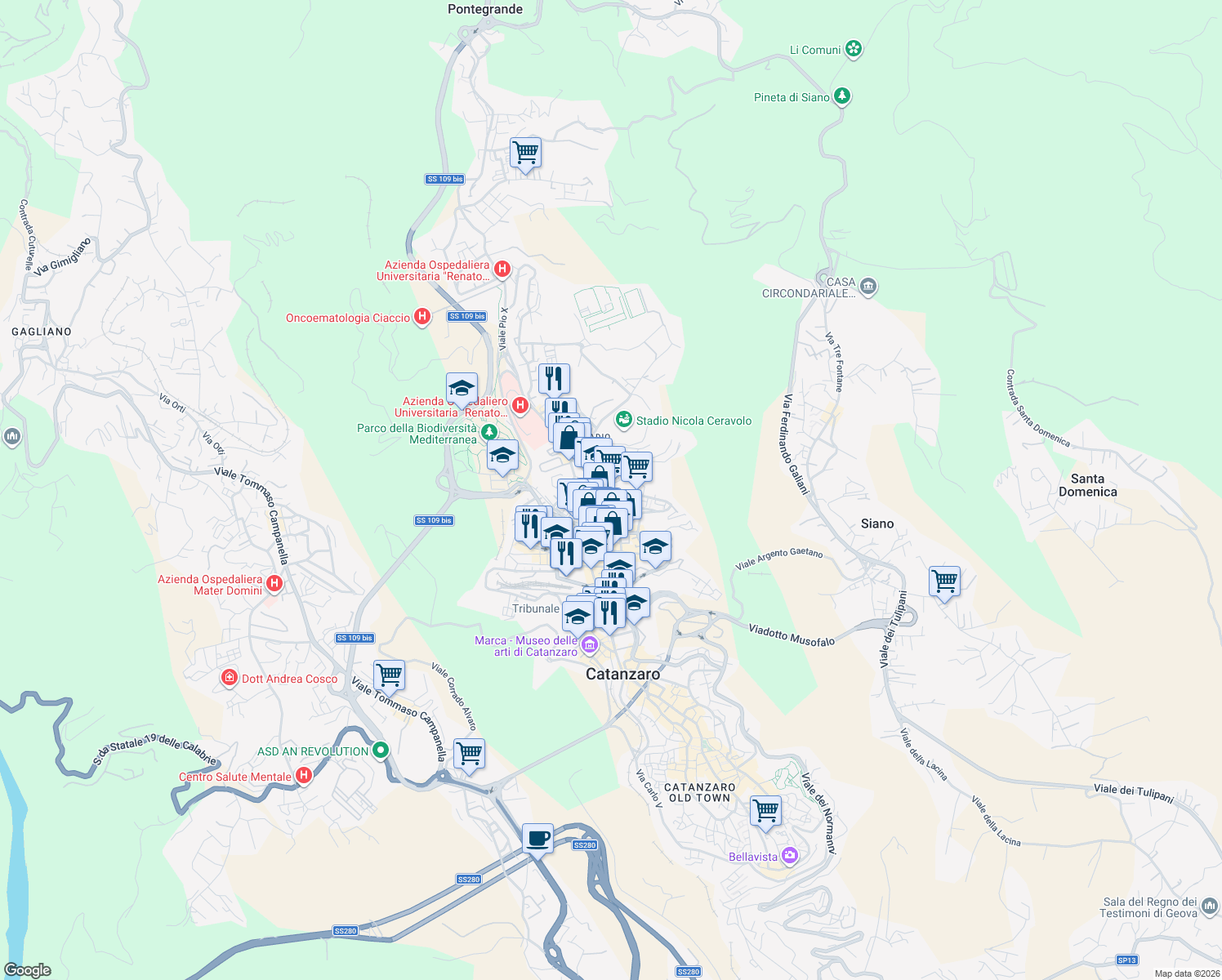map of restaurants, bars, coffee shops, grocery stores, and more near 25 Via Romeo Domenico in Catanzaro