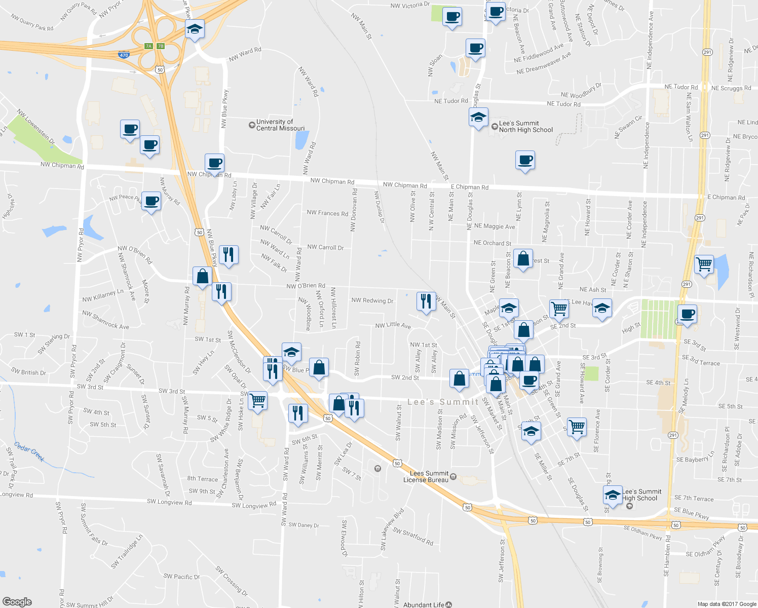 map of restaurants, bars, coffee shops, grocery stores, and more near 109 Northwest Redwing Drive in Lee's Summit