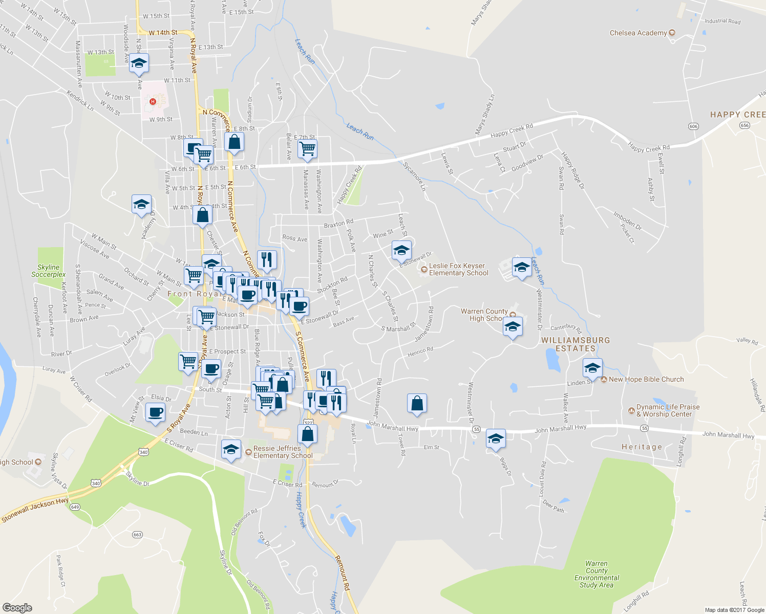 map of restaurants, bars, coffee shops, grocery stores, and more near 829 Williams Street in Front Royal