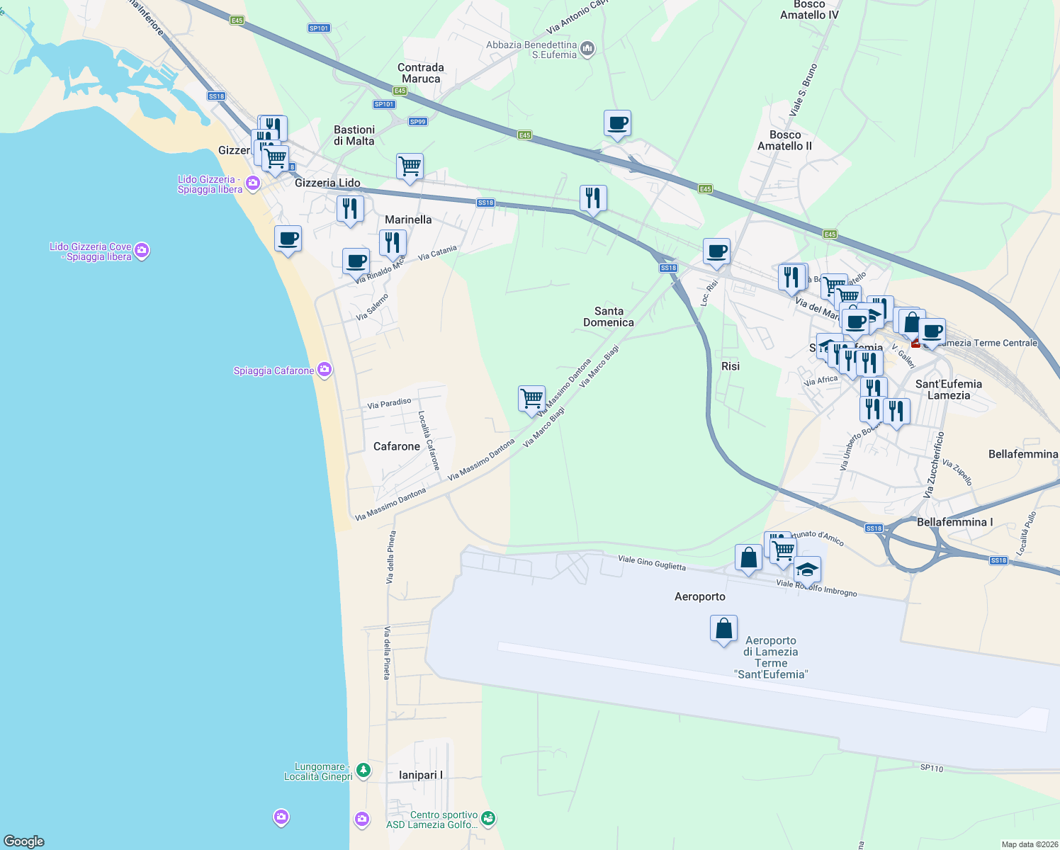 map of restaurants, bars, coffee shops, grocery stores, and more near 68 Via Massimo Dantona in Provincia di Catanzaro