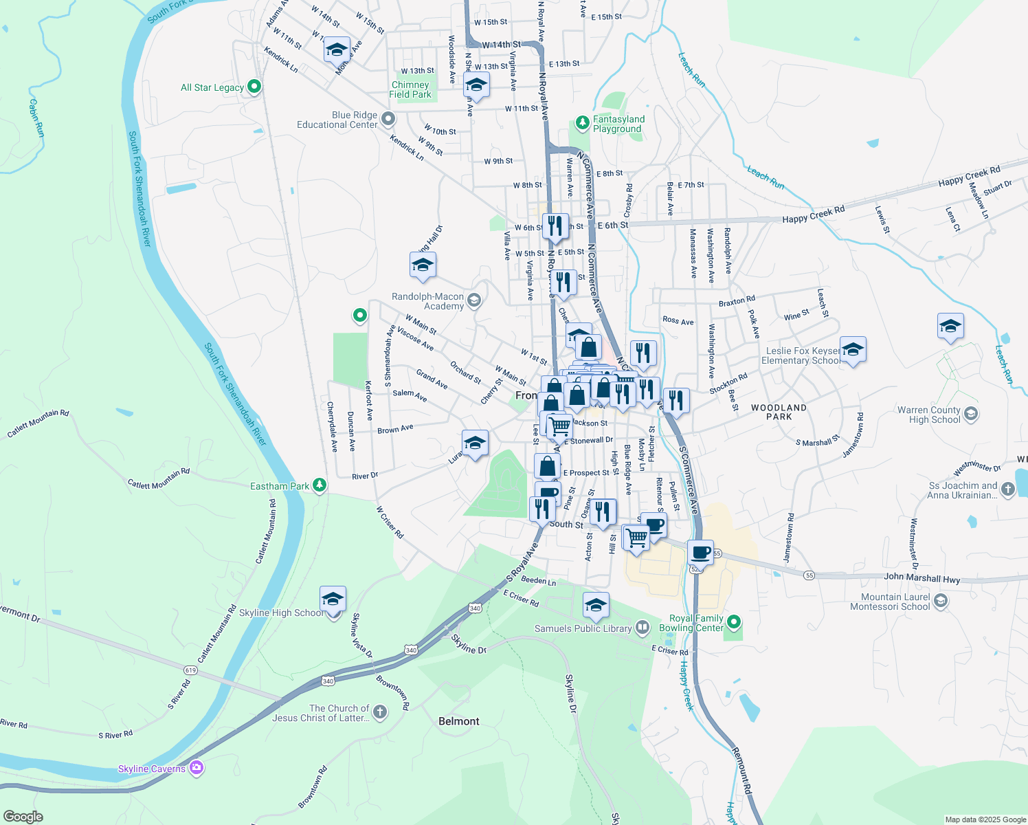 map of restaurants, bars, coffee shops, grocery stores, and more near 105 Luray Avenue in Front Royal