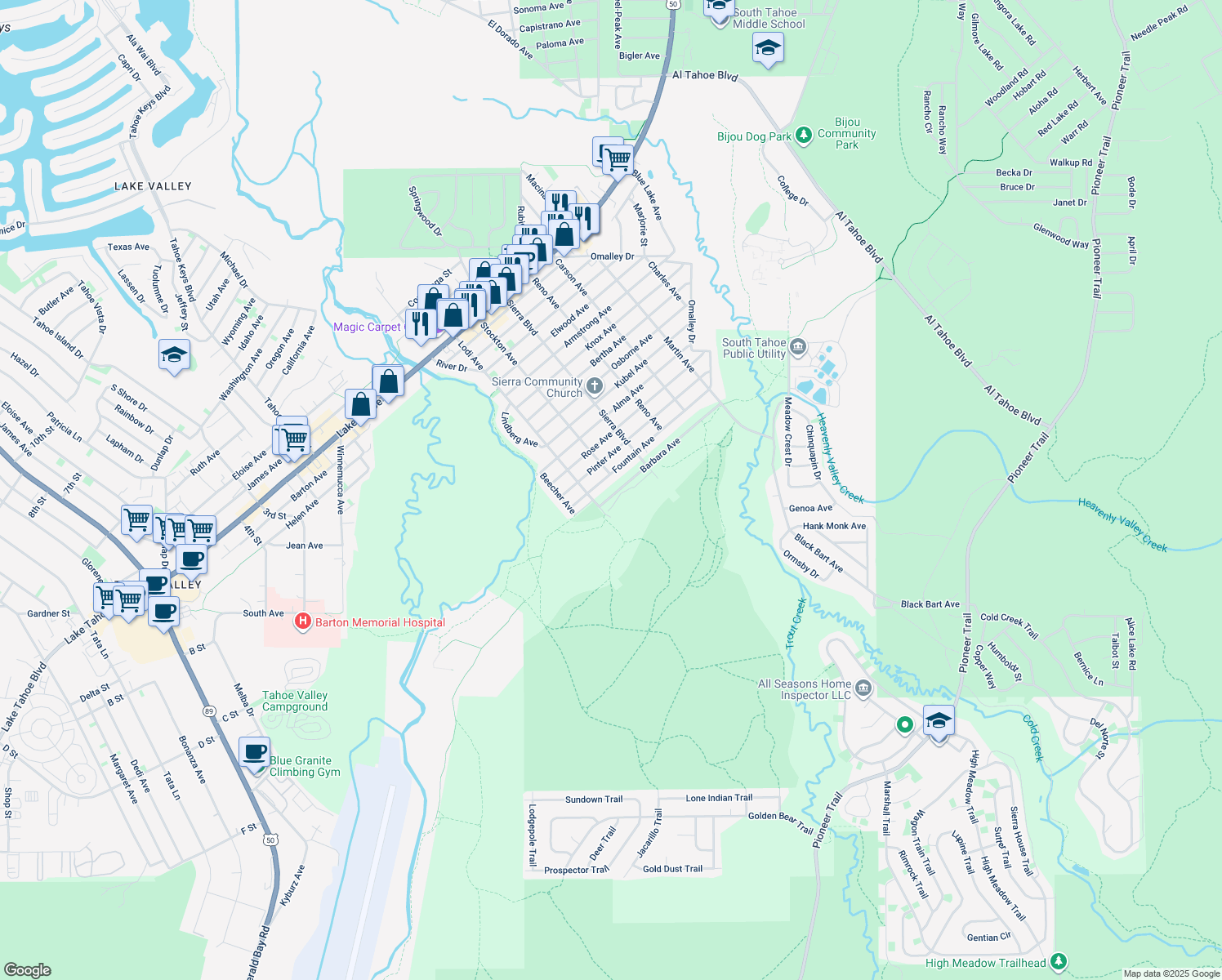 map of restaurants, bars, coffee shops, grocery stores, and more near 2499 Barbara Avenue in South Lake Tahoe