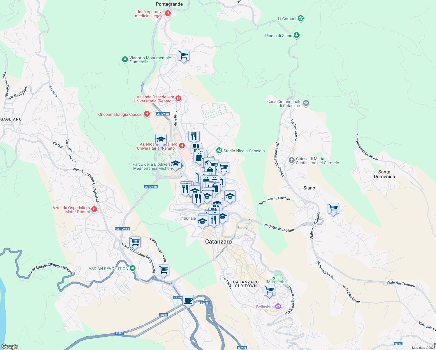 map of restaurants, bars, coffee shops, grocery stores, and more near 25 Via Romeo Domenico in Catanzaro