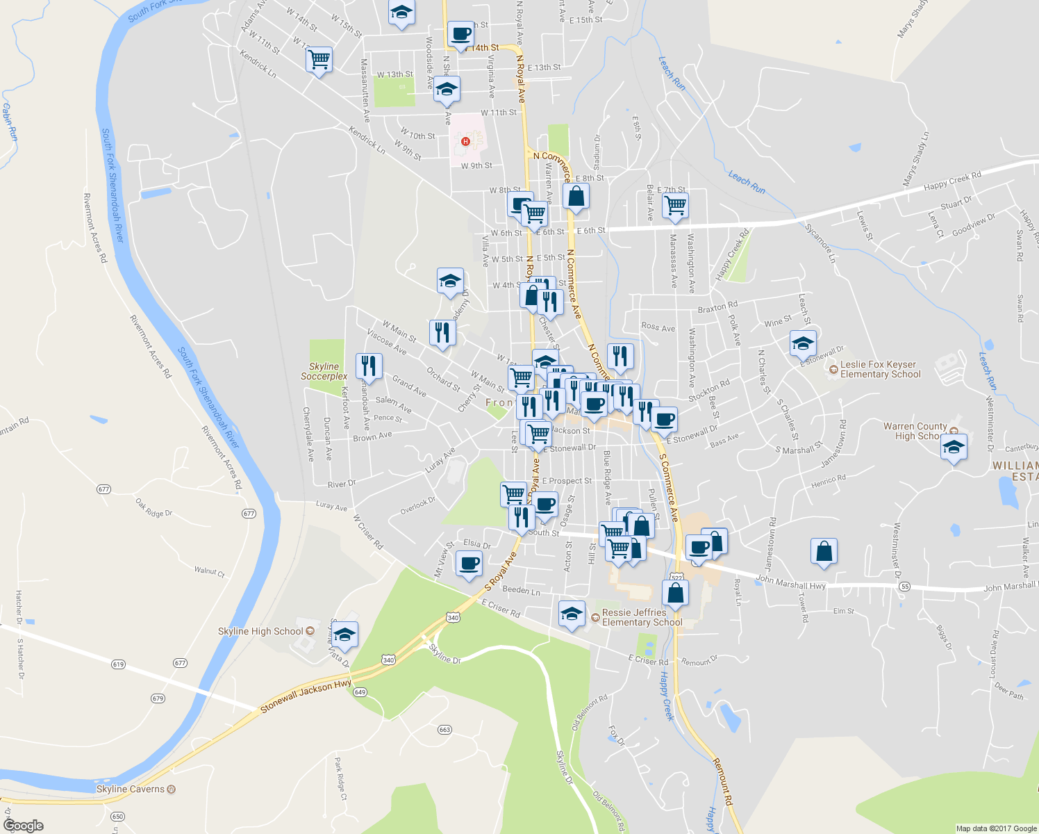 map of restaurants, bars, coffee shops, grocery stores, and more near 24 Lee Street in Front Royal